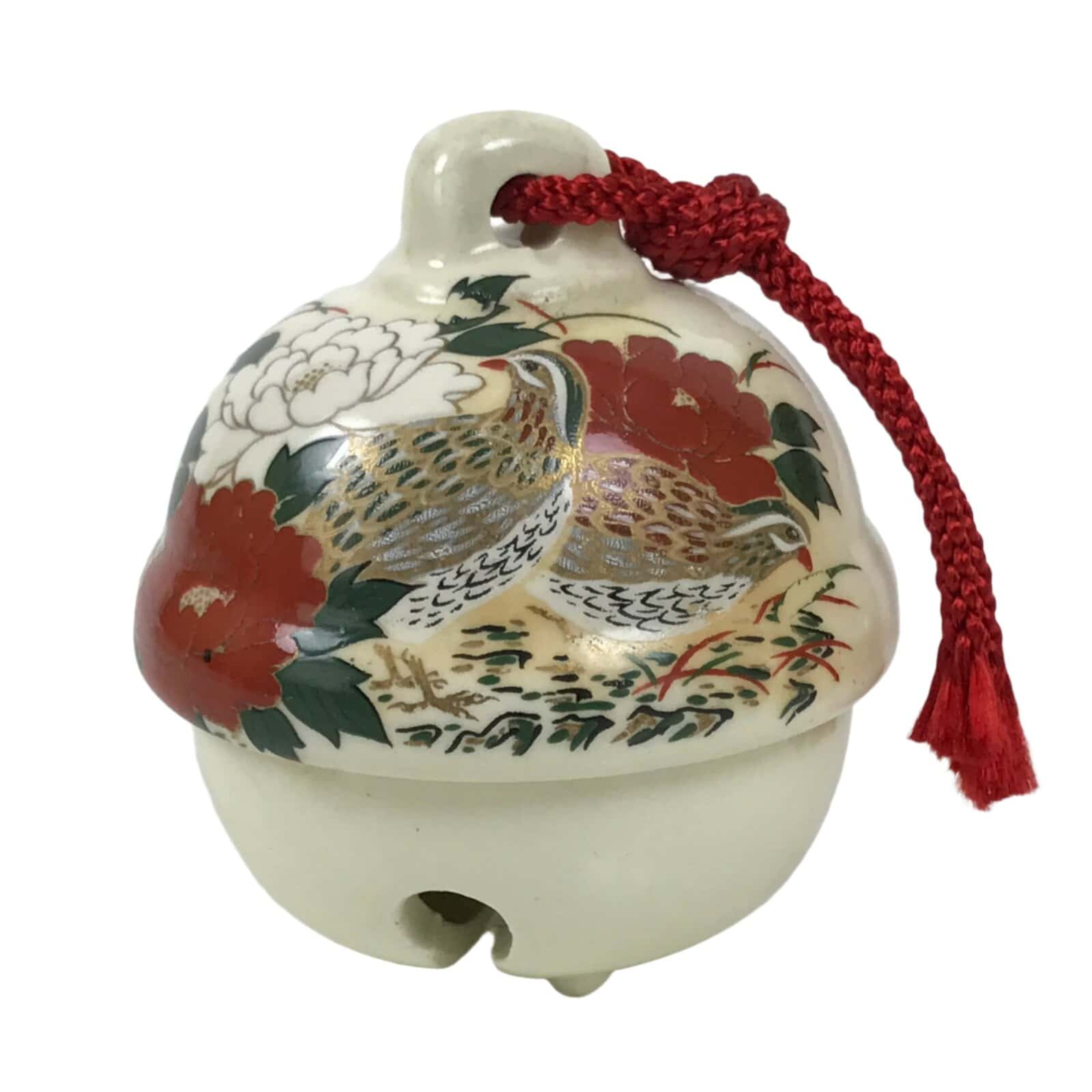 Japanese Clay Bell Dorei Vtg Tsuchi-Suzu Quail Bird Peony Flower Red White DR578