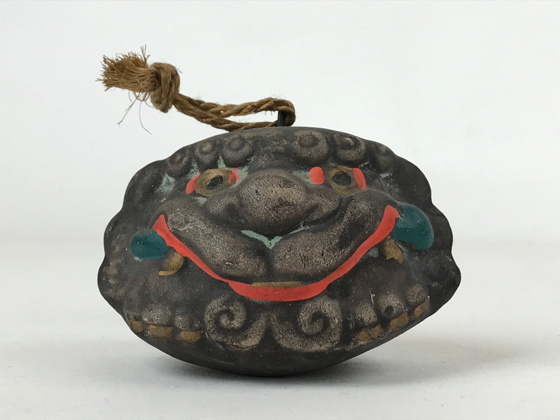Japanese Clay Bell Dorei Vtg Tsuchi-Suzu Shishi Lion Dog Amulet Gray DR513