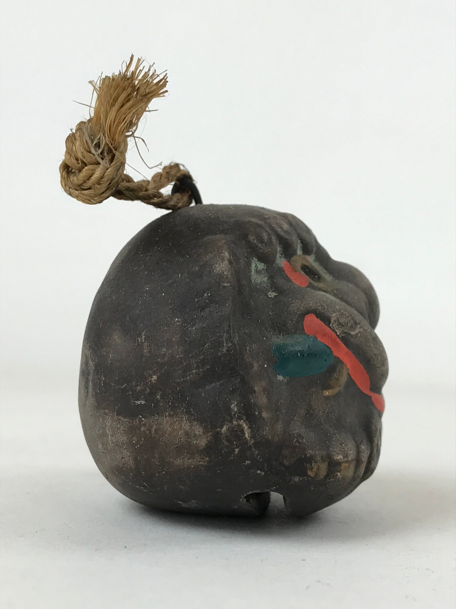 Japanese Clay Bell Dorei Vtg Tsuchi-Suzu Shishi Lion Dog Amulet Gray DR513