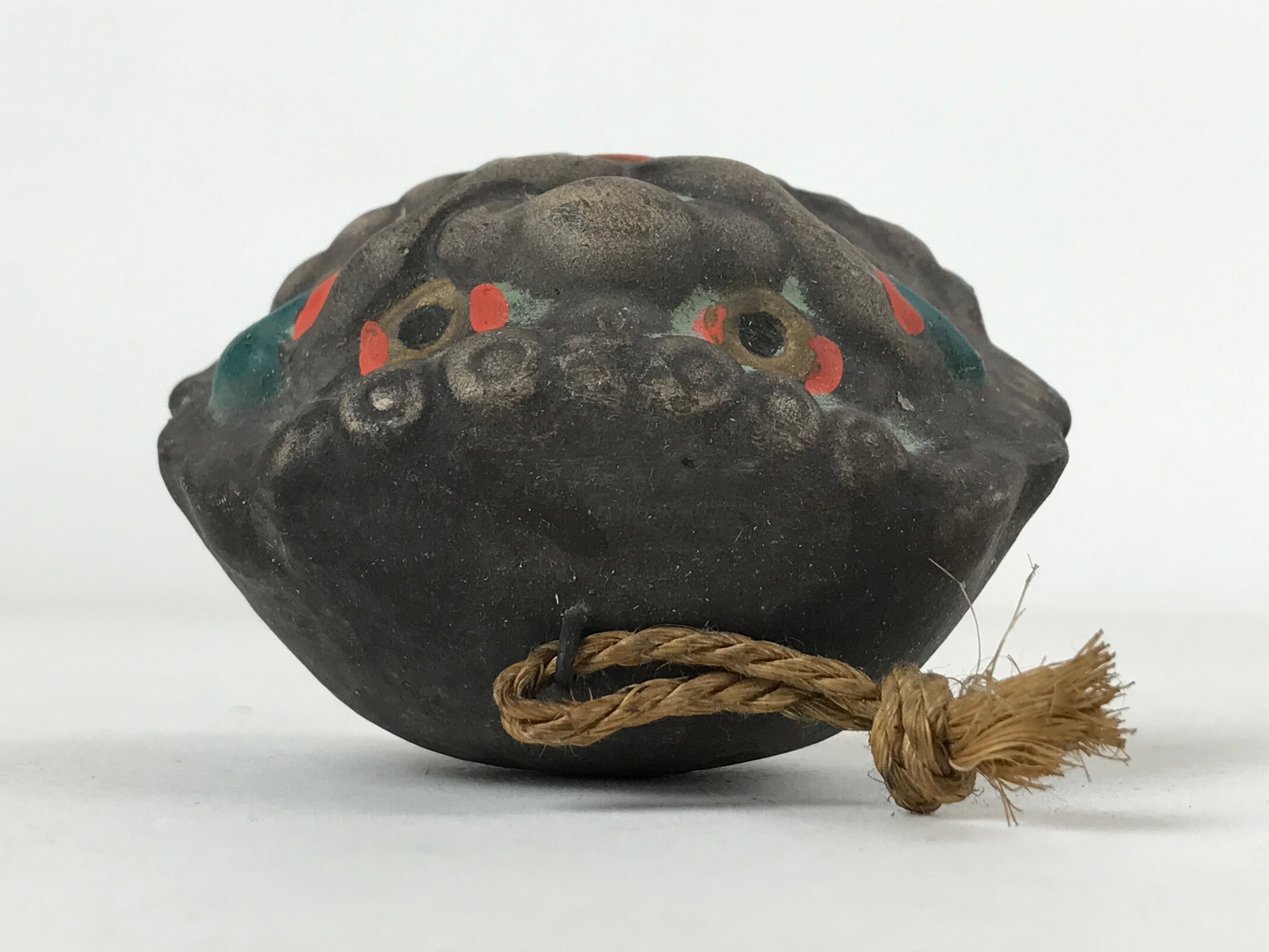 Japanese Clay Bell Dorei Vtg Tsuchi-Suzu Shishi Lion Dog Amulet Gray DR513