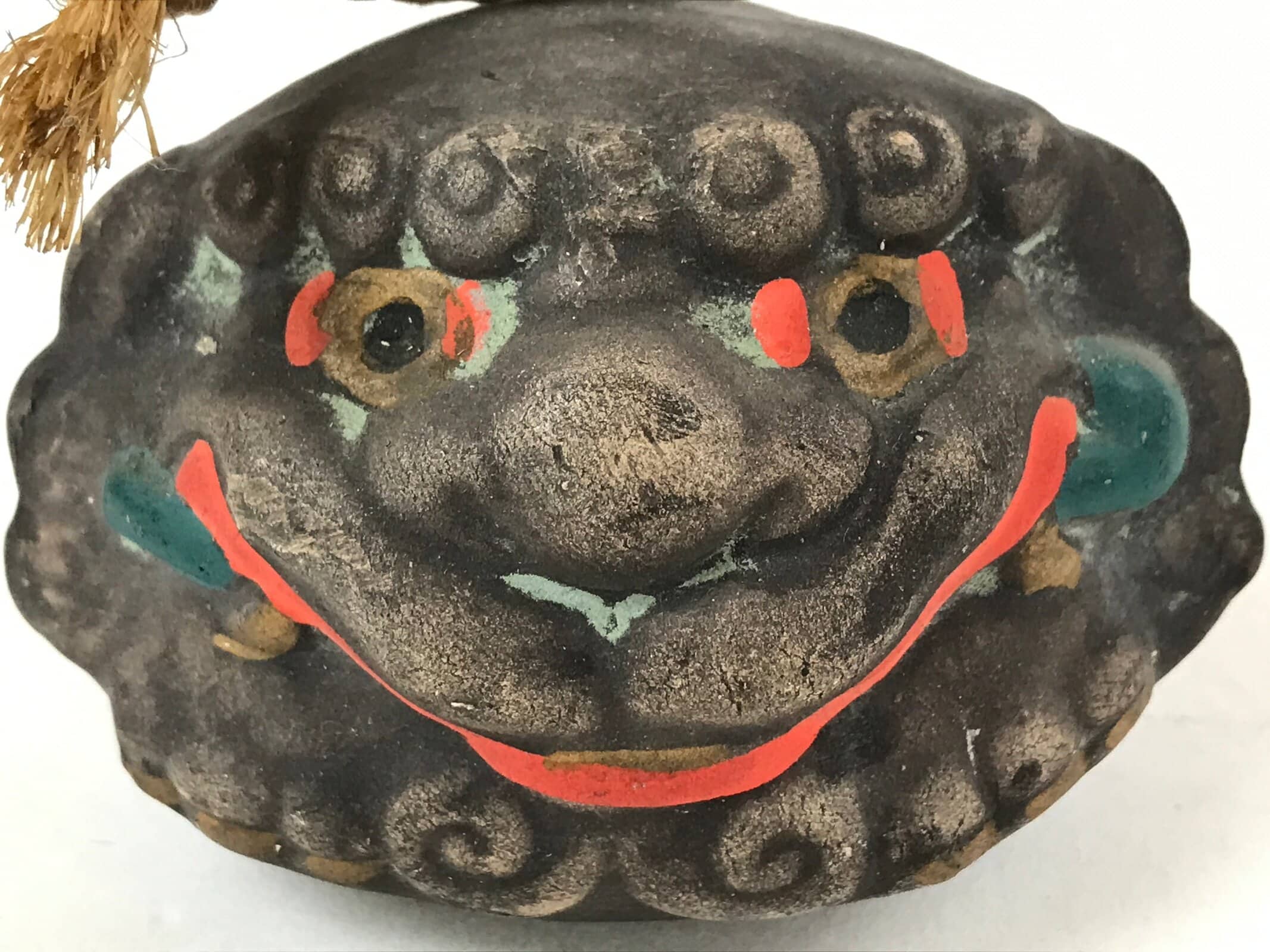 Japanese Clay Bell Dorei Vtg Tsuchi-Suzu Shishi Lion Dog Amulet Gray DR513