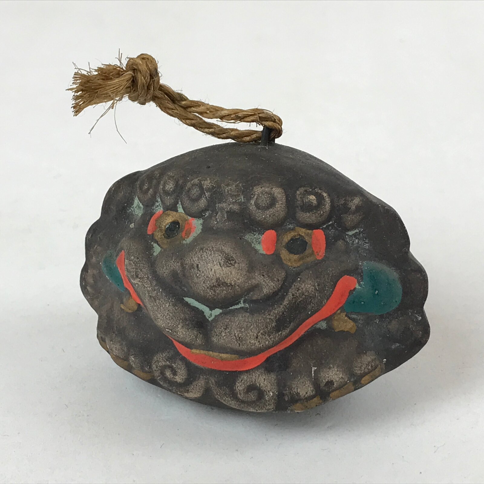 Japanese Clay Bell Dorei Vtg Tsuchi-Suzu Shishi Lion Dog Amulet Gray DR513
