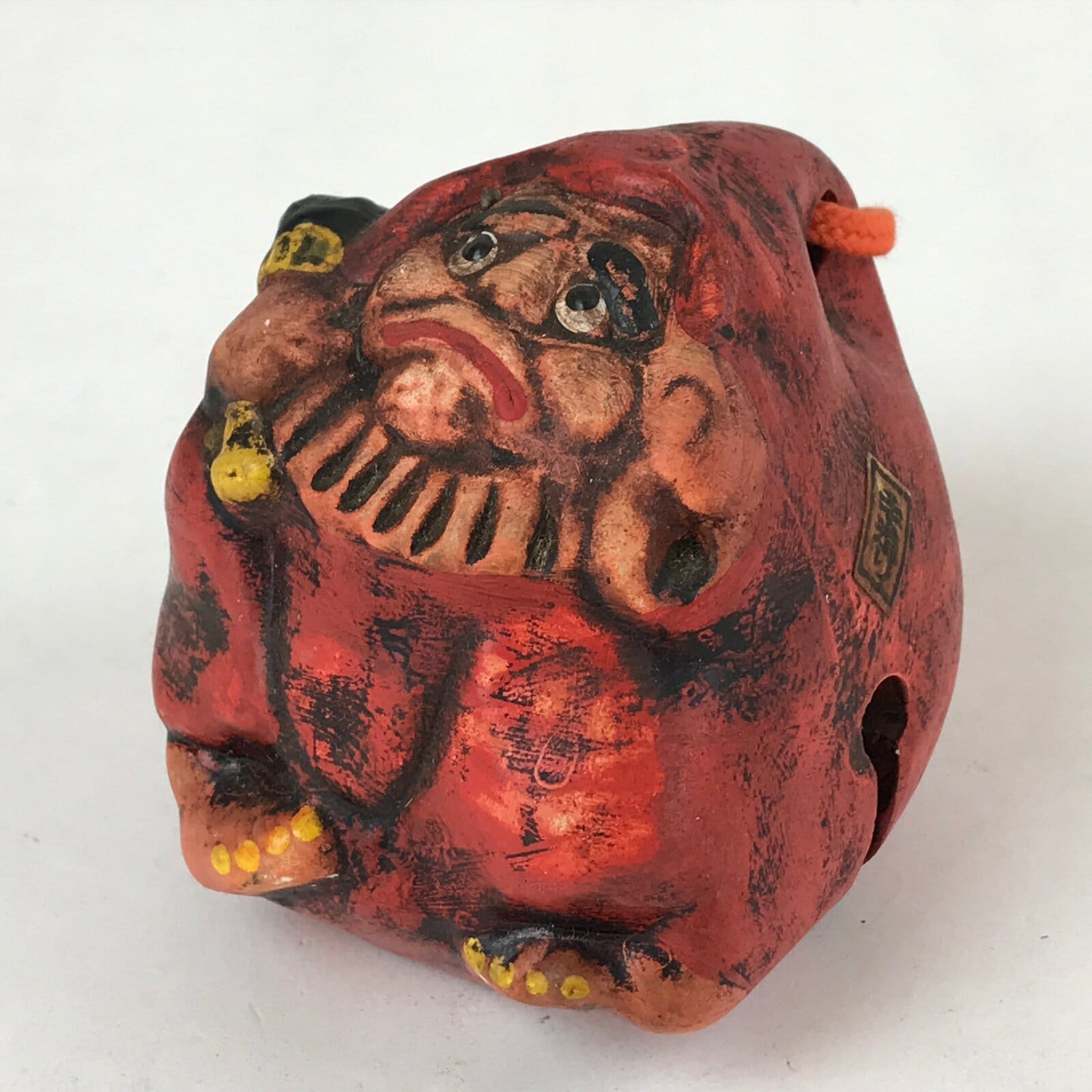 Japanese Clay Bell Dorei Vtg Tsuchi-Suzu Unique Daruma Red Black DR521