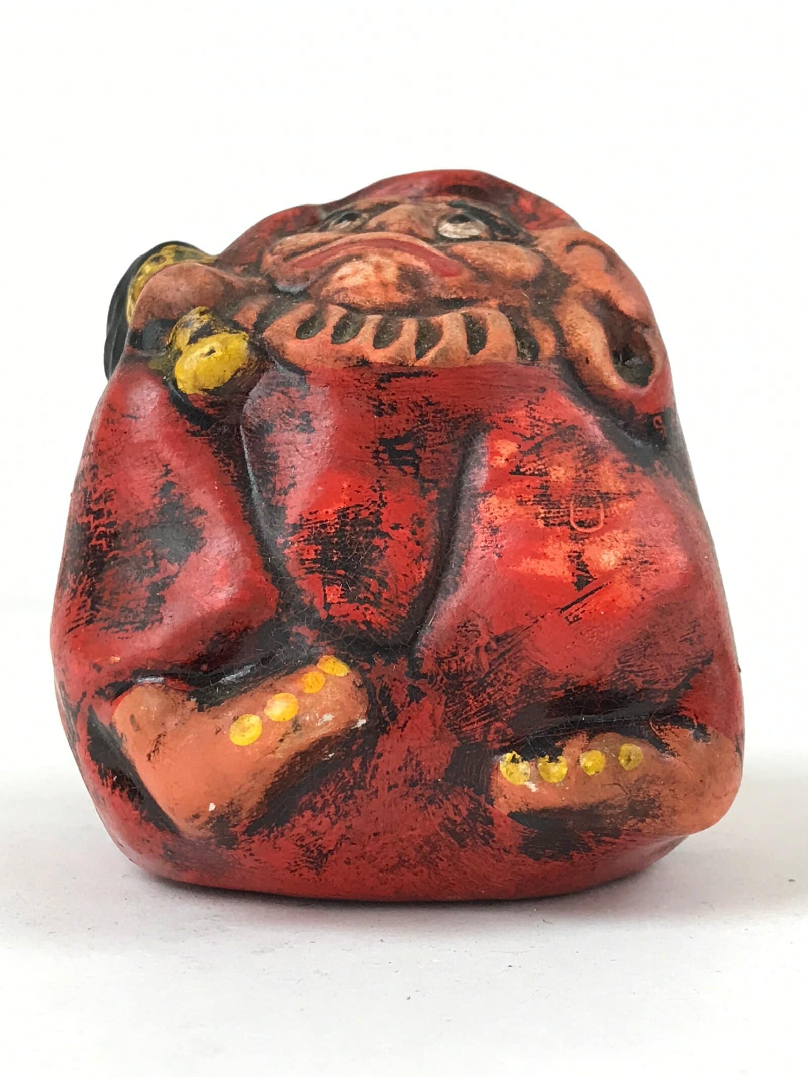 Japanese Clay Bell Dorei Vtg Tsuchi-Suzu Unique Daruma Red Black DR521