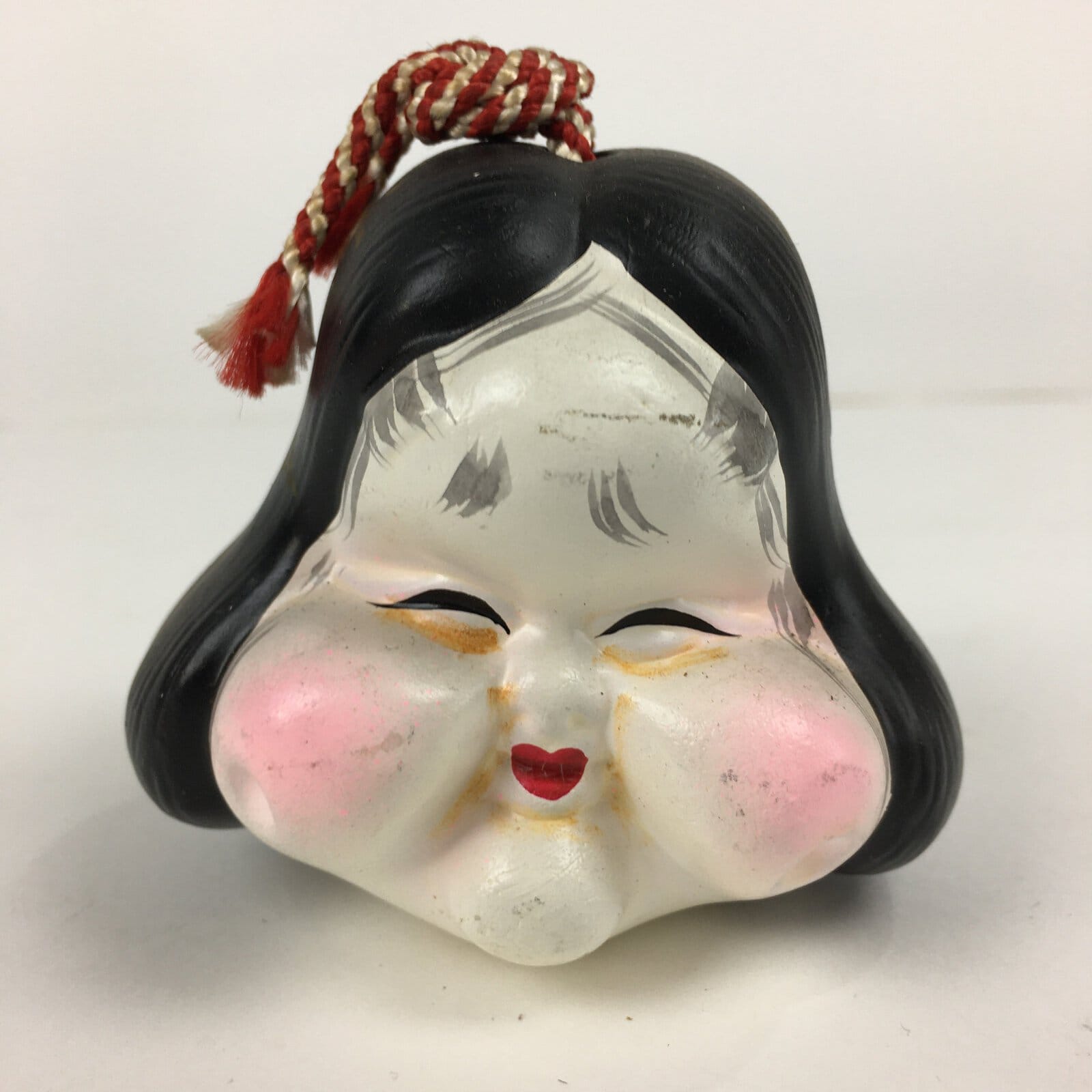 Japanese Clay Bell Vtg Dorei Ceramic Doll Amulet Double faced Front Back DR343
