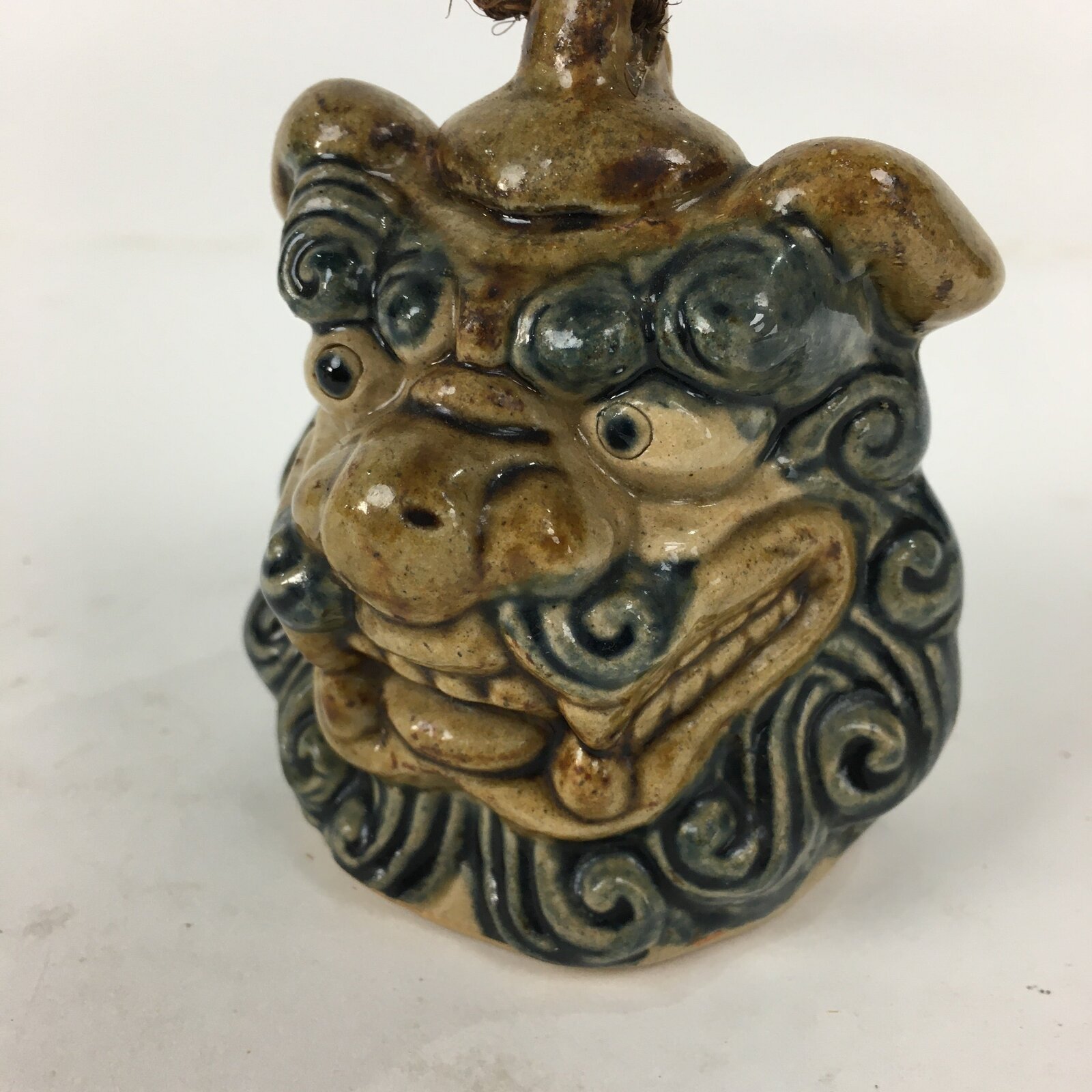 Japanese Clay Bell Vtg Dorei Ceramic Doll Amulet Shi-Sa Lion Blue Brown DR335