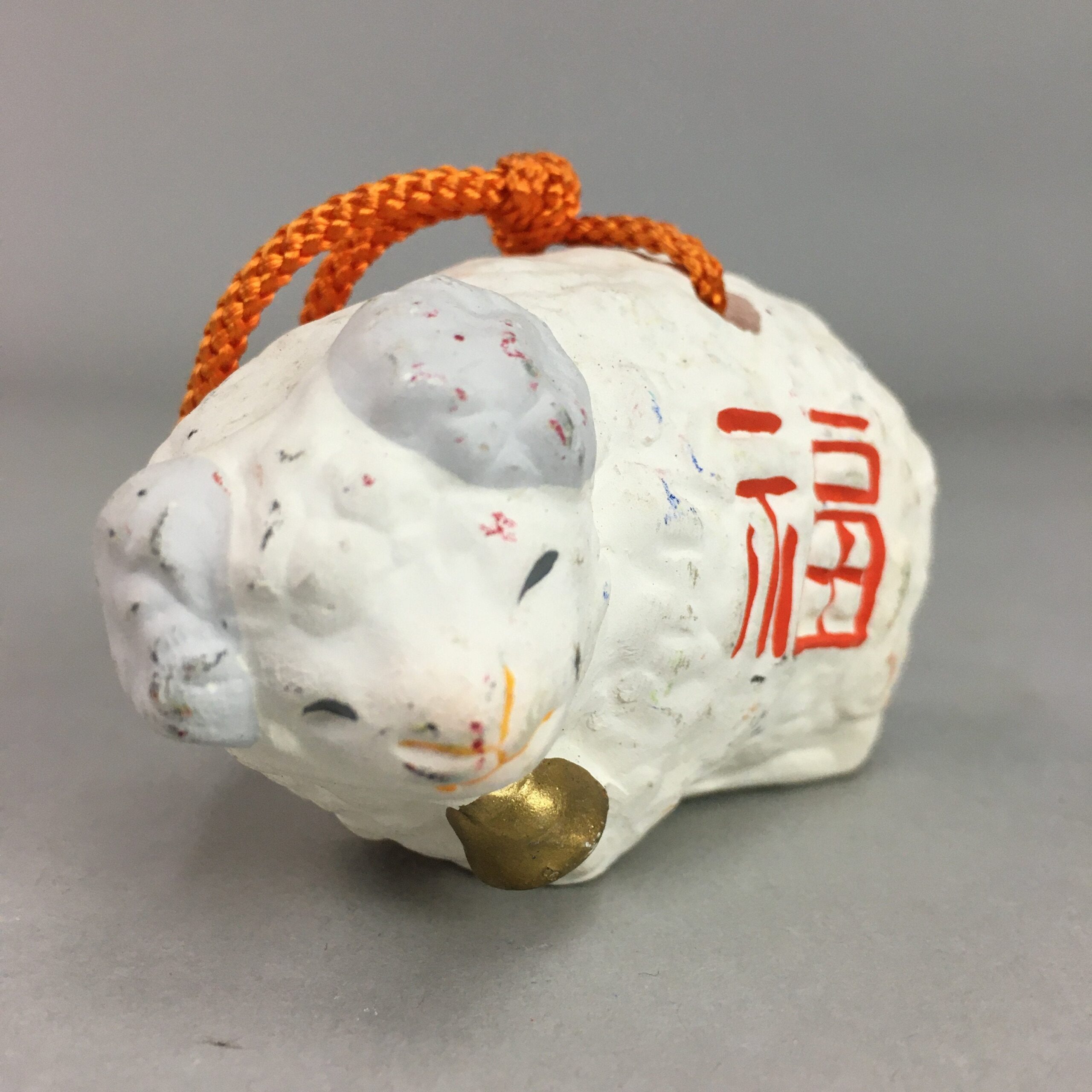Japanese Clay Bell Vtg Dorei Ceramic Doll White Zodiac Sheep Kanji DR249