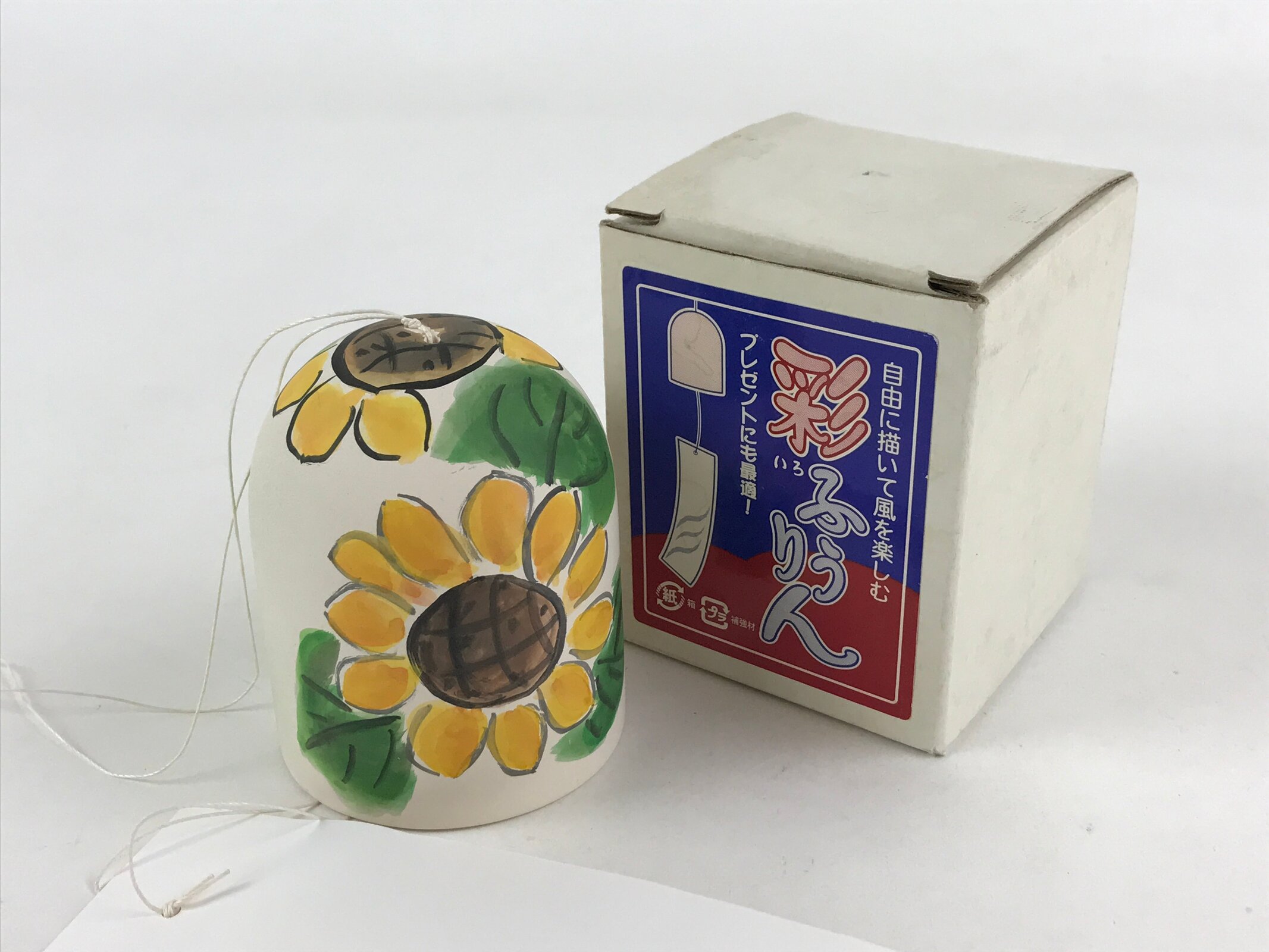 Japanese Clay Furin Wind Chime Vtg Sunflowers White Yellow String Box DR493