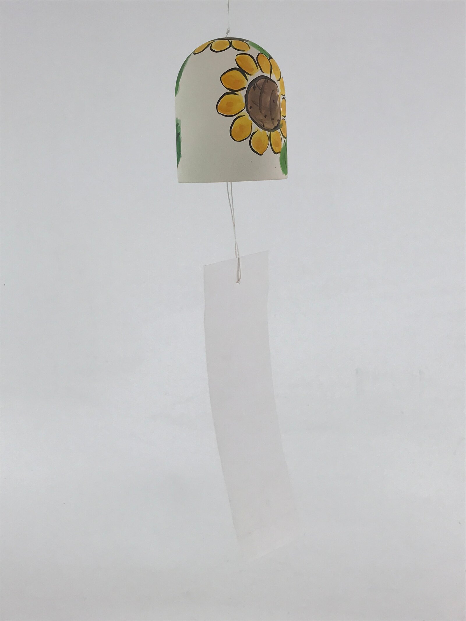 Japanese Clay Furin Wind Chime Vtg Sunflowers White Yellow String Box DR493