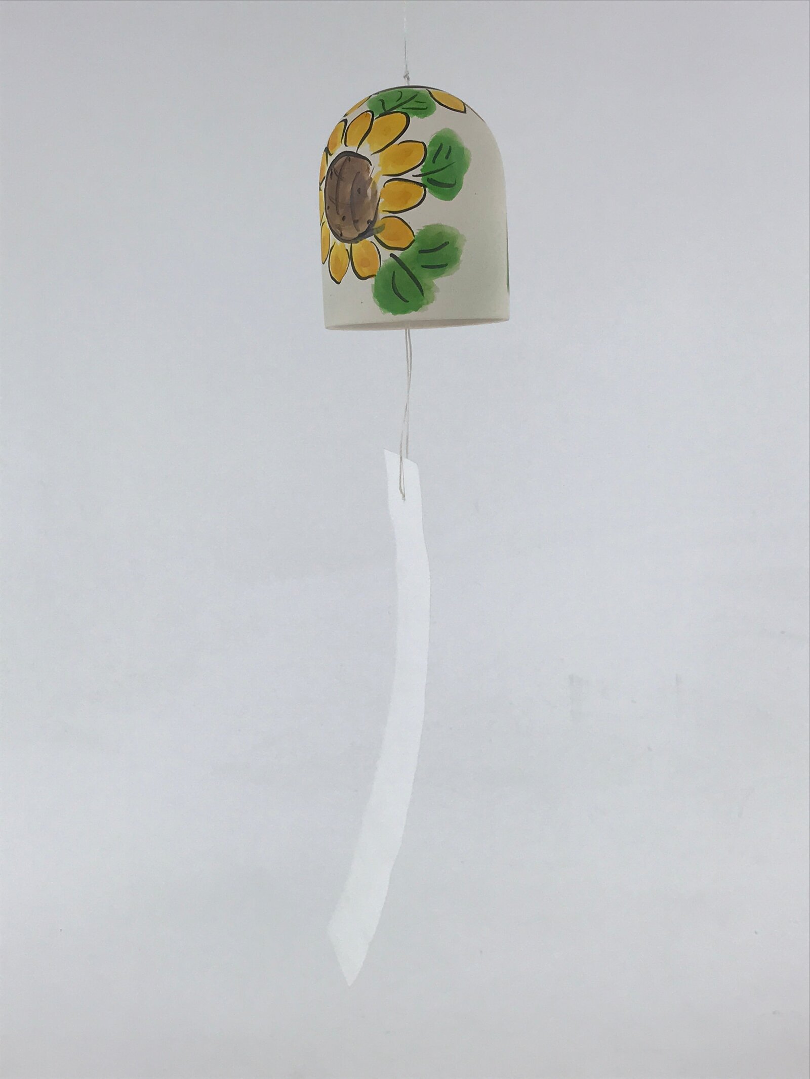 Japanese Clay Furin Wind Chime Vtg Sunflowers White Yellow String Box DR493