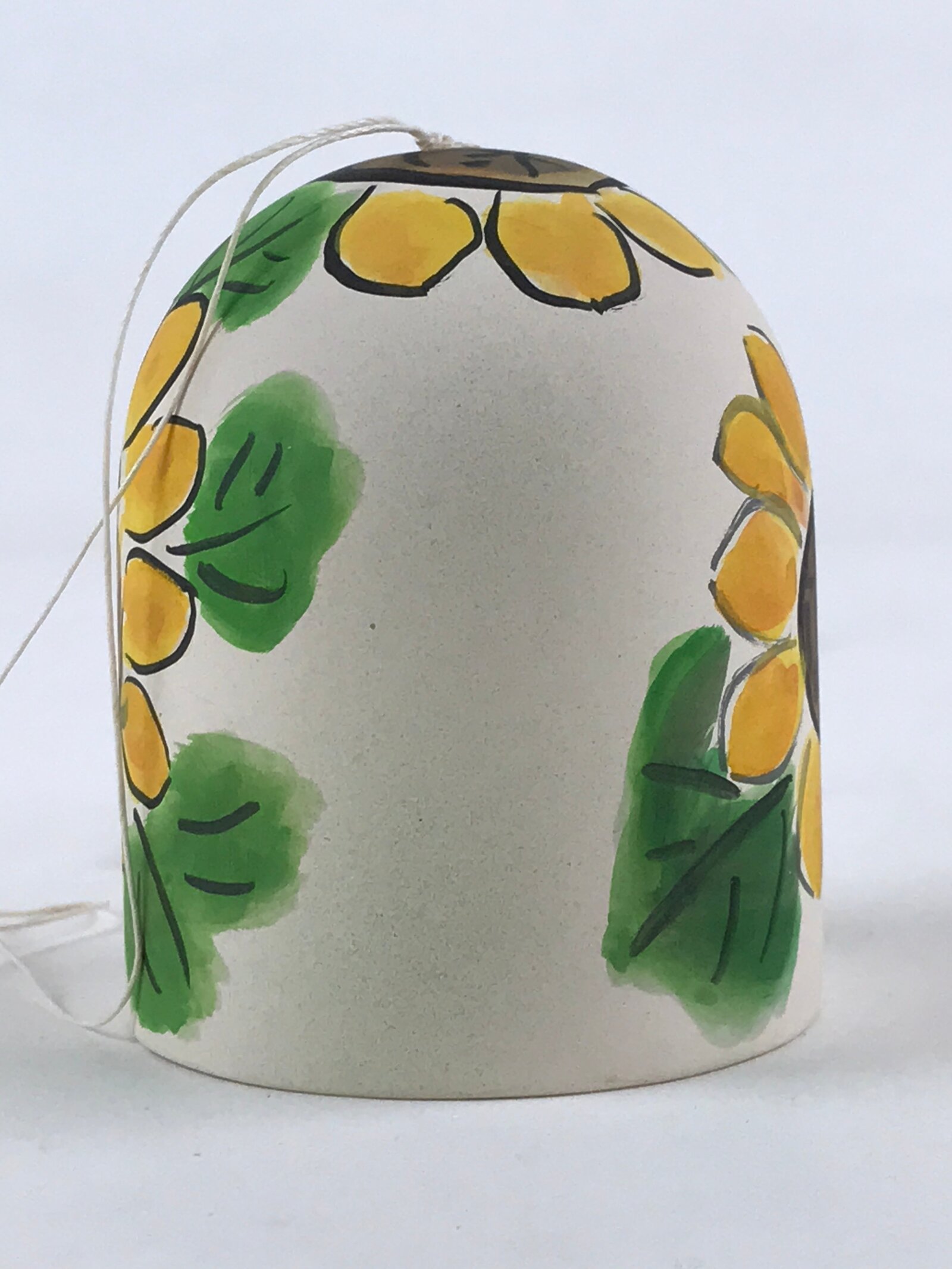 Japanese Clay Furin Wind Chime Vtg Sunflowers White Yellow String Box DR493
