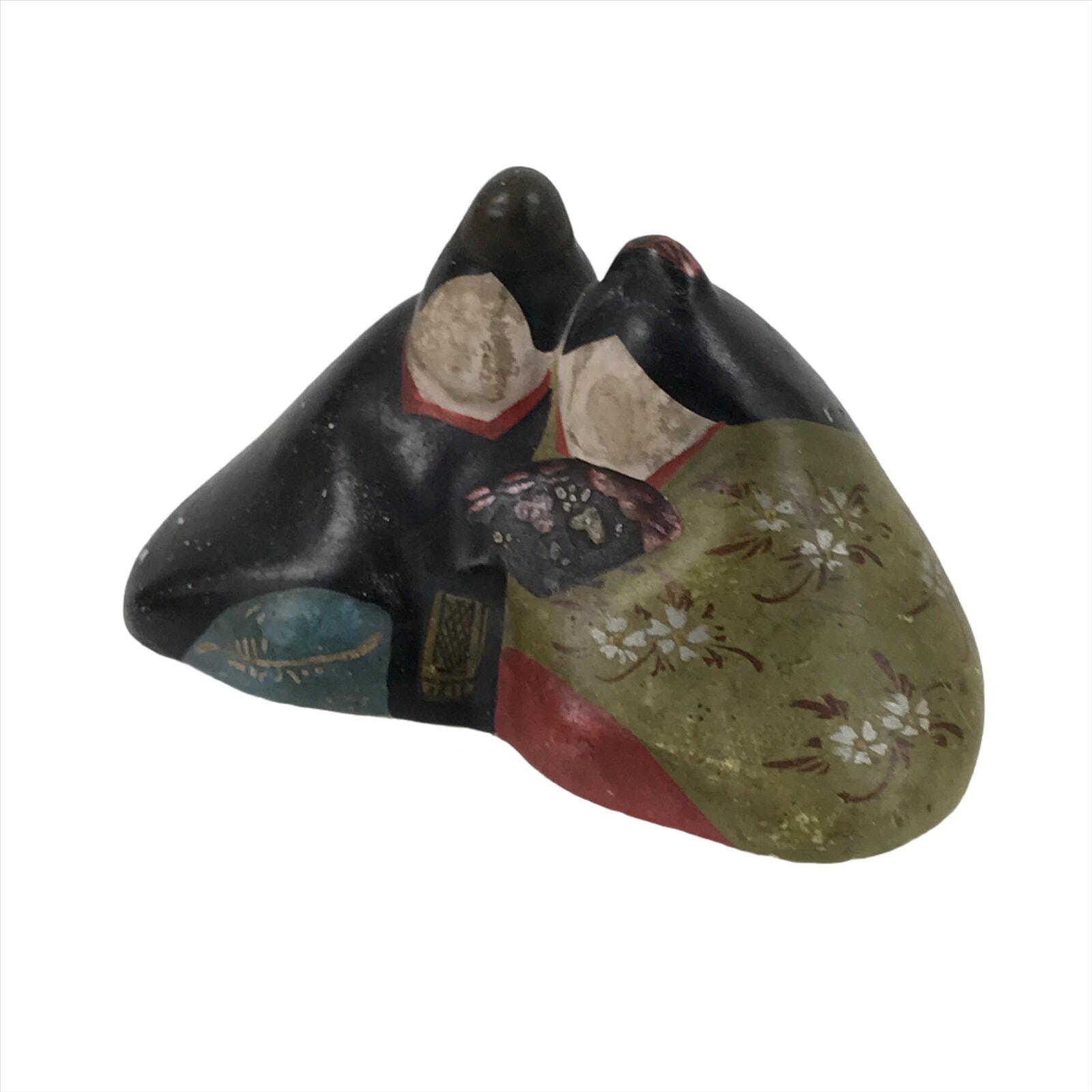 Japanese Clay Princess Prince Hina Doll Figurine Vtg Girls Day Black Green ID581