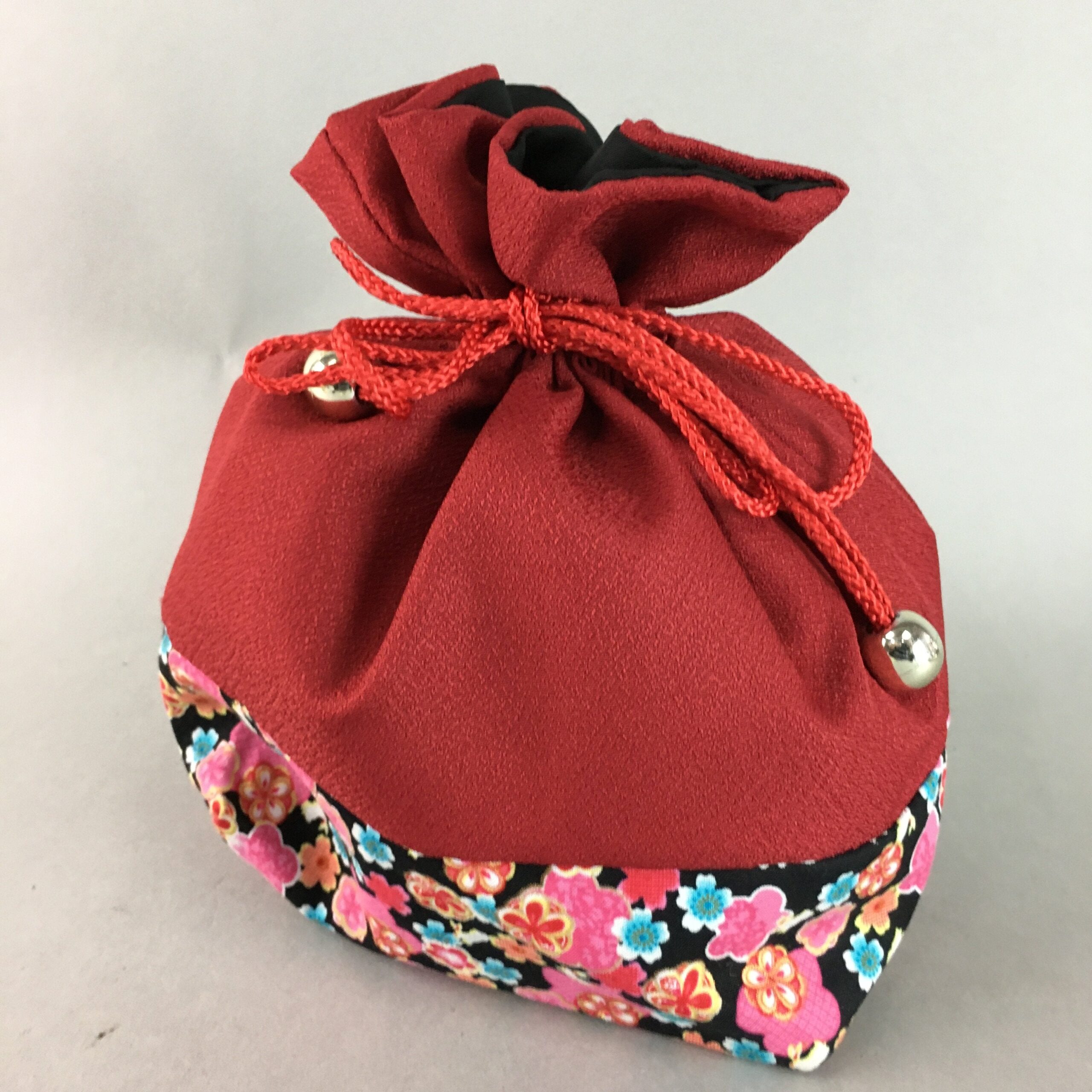 Japanese Cloth Drawstring Bag Vtg Fabric Kimono Pouch Floral Red Black KB13