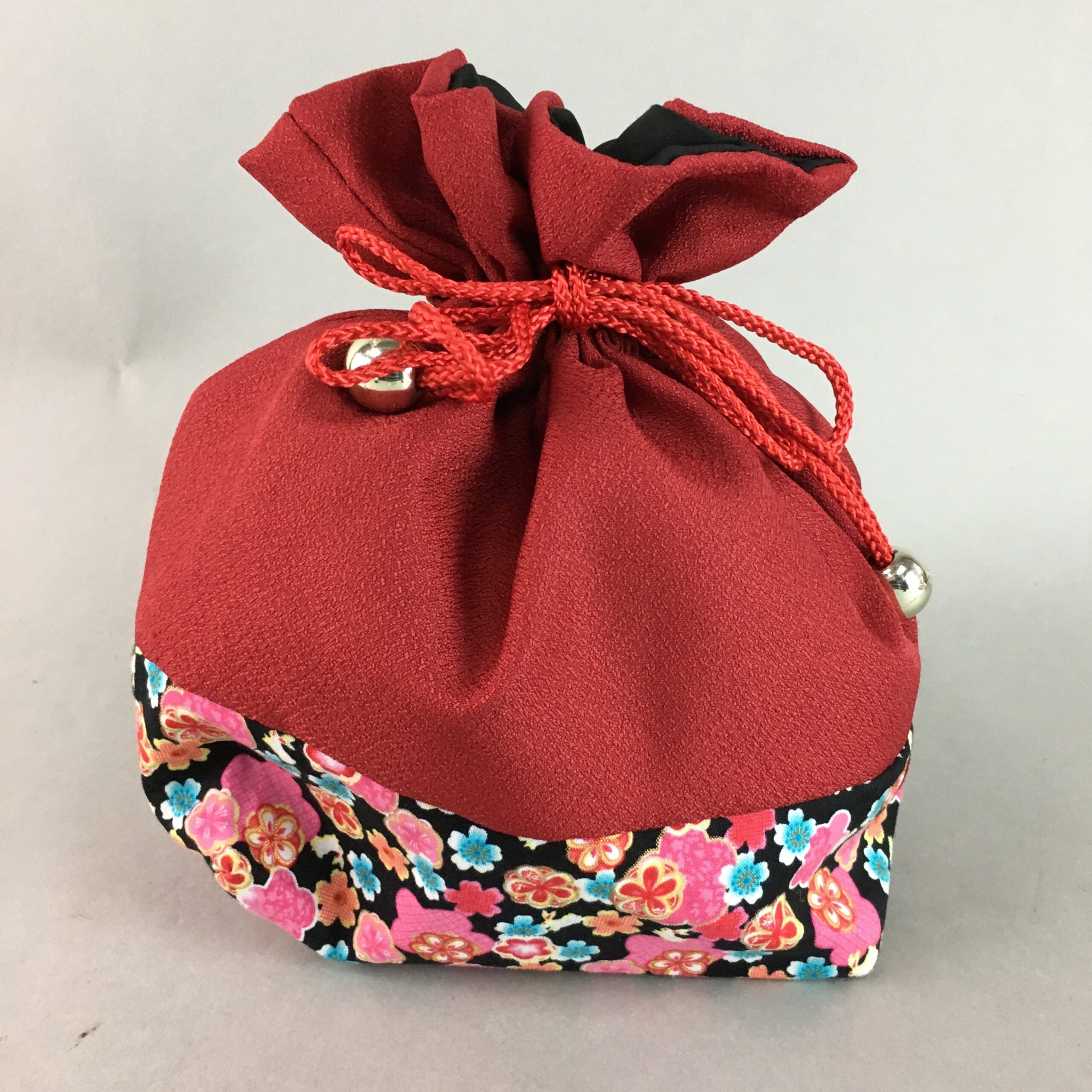 Japanese Cloth Drawstring Bag Vtg Fabric Kimono Pouch Floral Red Black KB13
