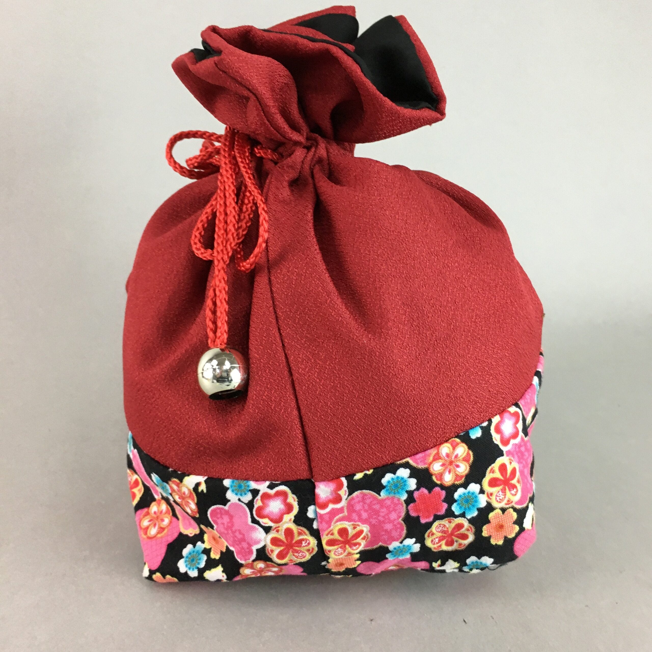 Japanese Cloth Drawstring Bag Vtg Fabric Kimono Pouch Floral Red Black KB13