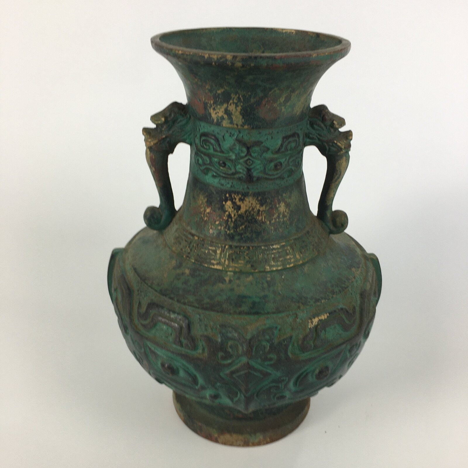 Japanese Copper Flower Vase Vtg Metal Kabin Ikebana Green Gold Shishi FV906
