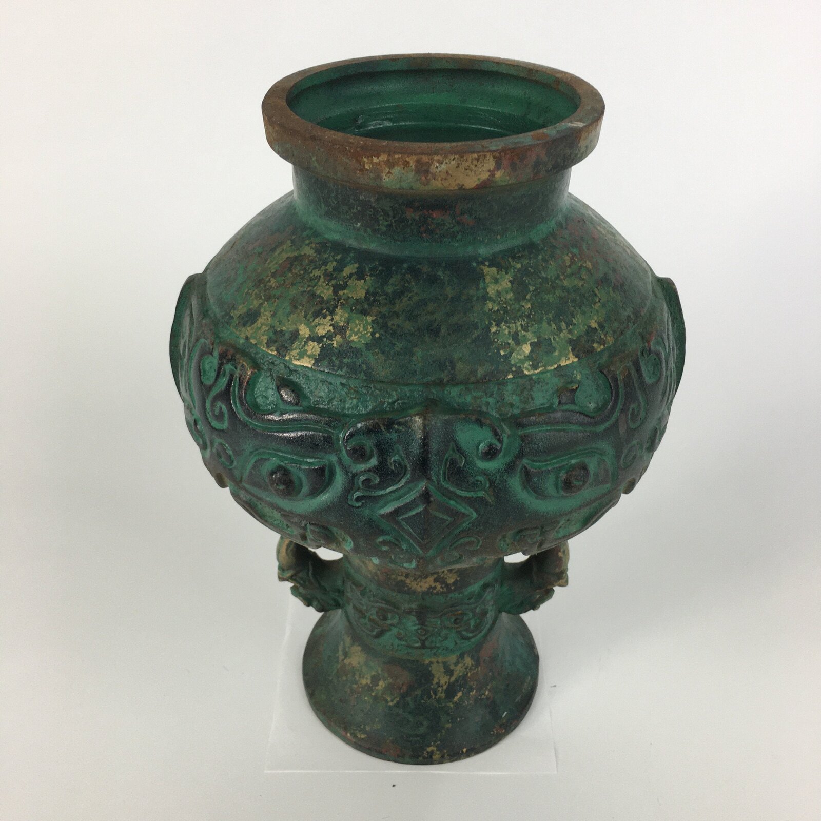 Japanese Copper Flower Vase Vtg Metal Kabin Ikebana Green Gold Shishi FV906