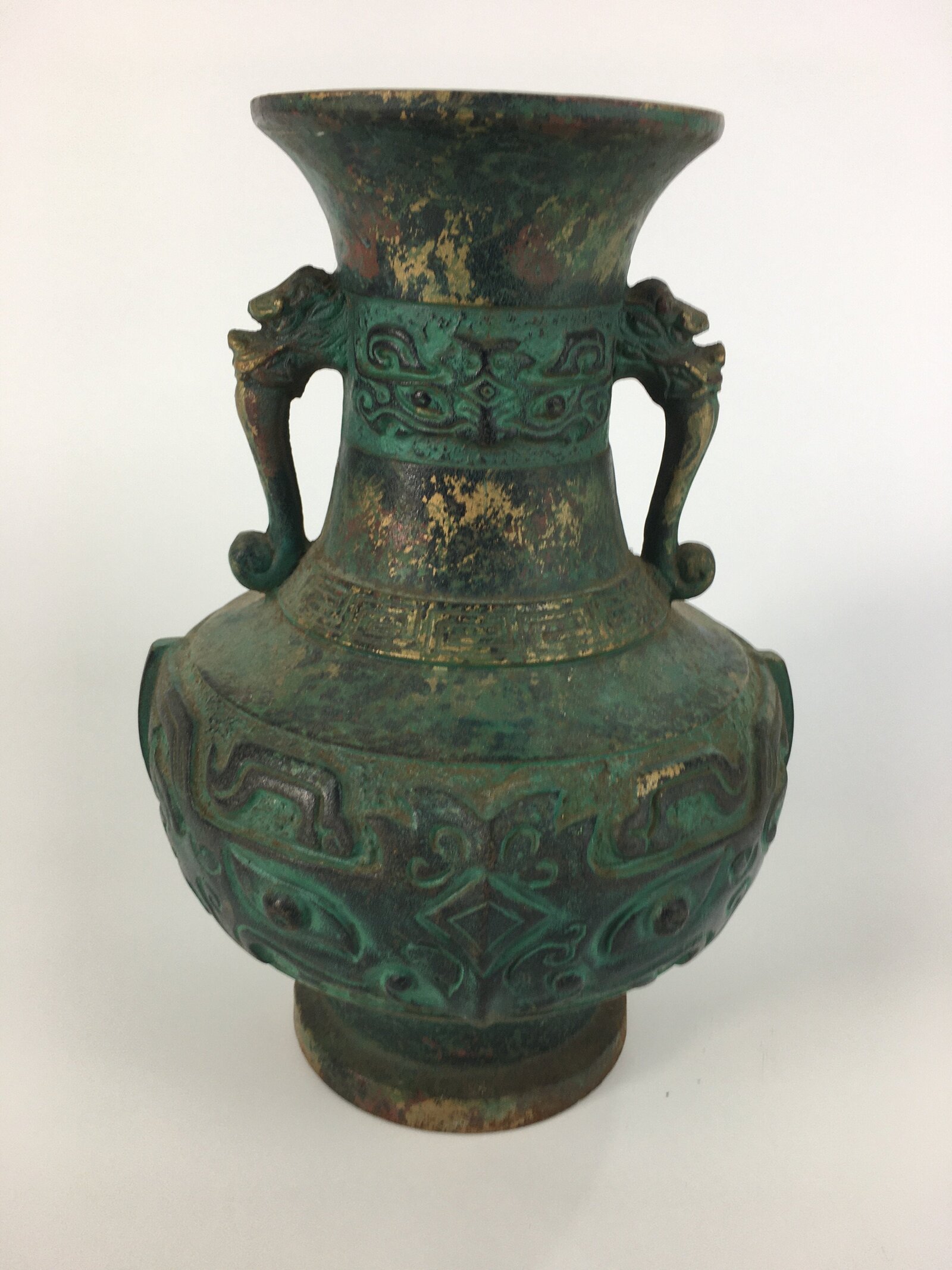 Japanese Copper Flower Vase Vtg Metal Kabin Ikebana Green Gold Shishi FV906