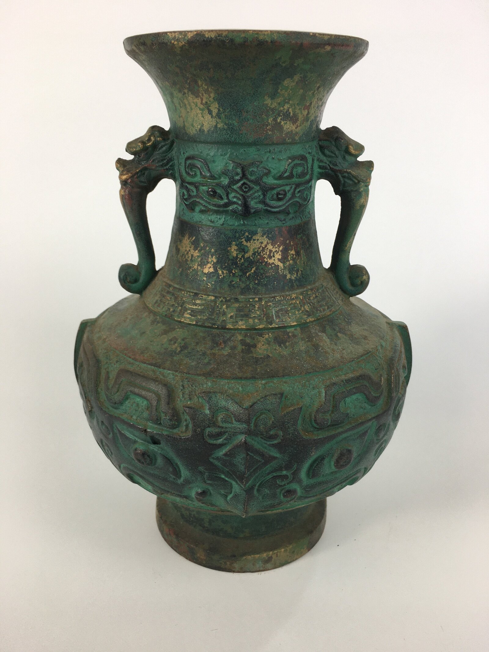 Japanese Copper Flower Vase Vtg Metal Kabin Ikebana Green Gold Shishi FV906