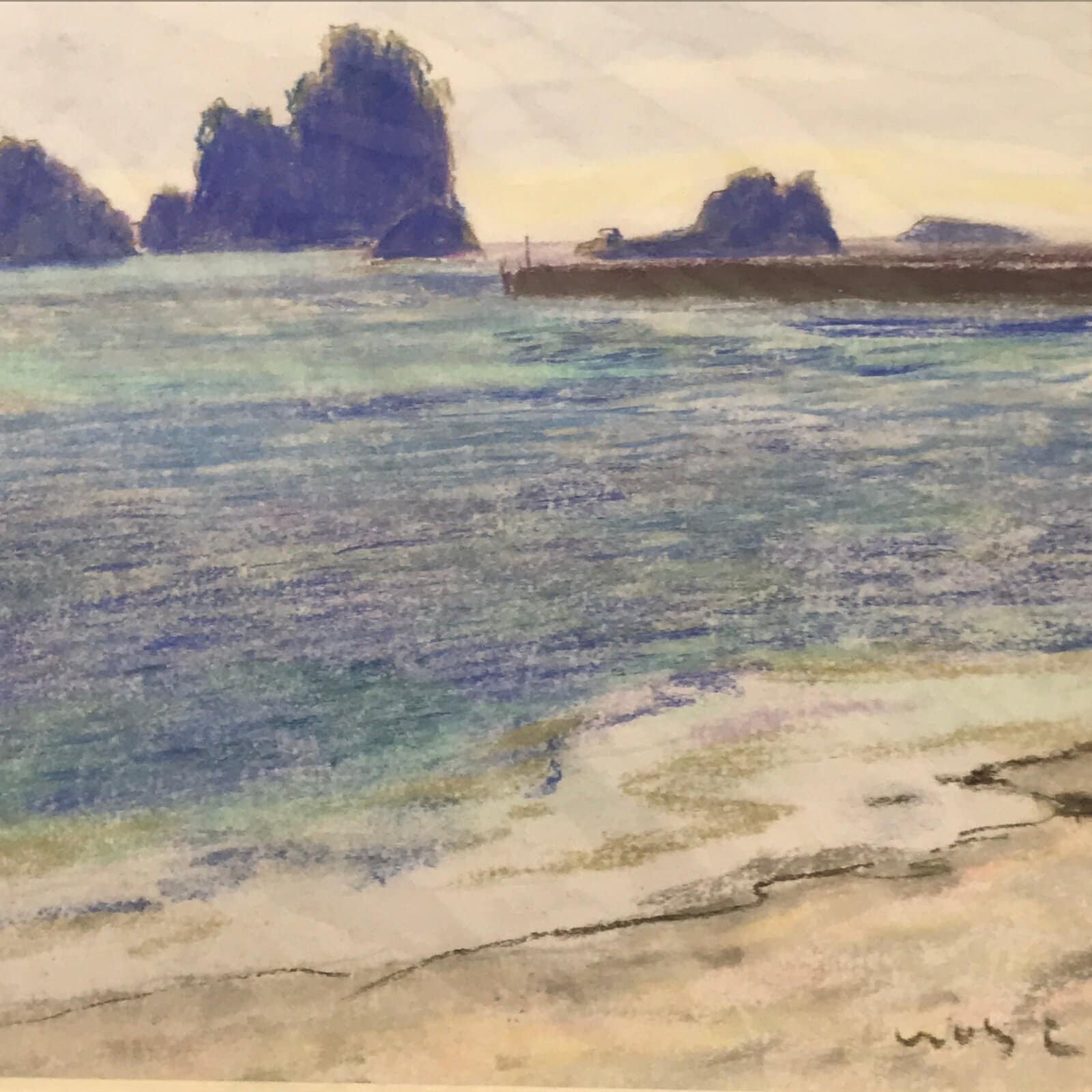 Japanese Costal Beach Scenery Pastel Drawing Art Signed Yoshihiro Hagino FL324