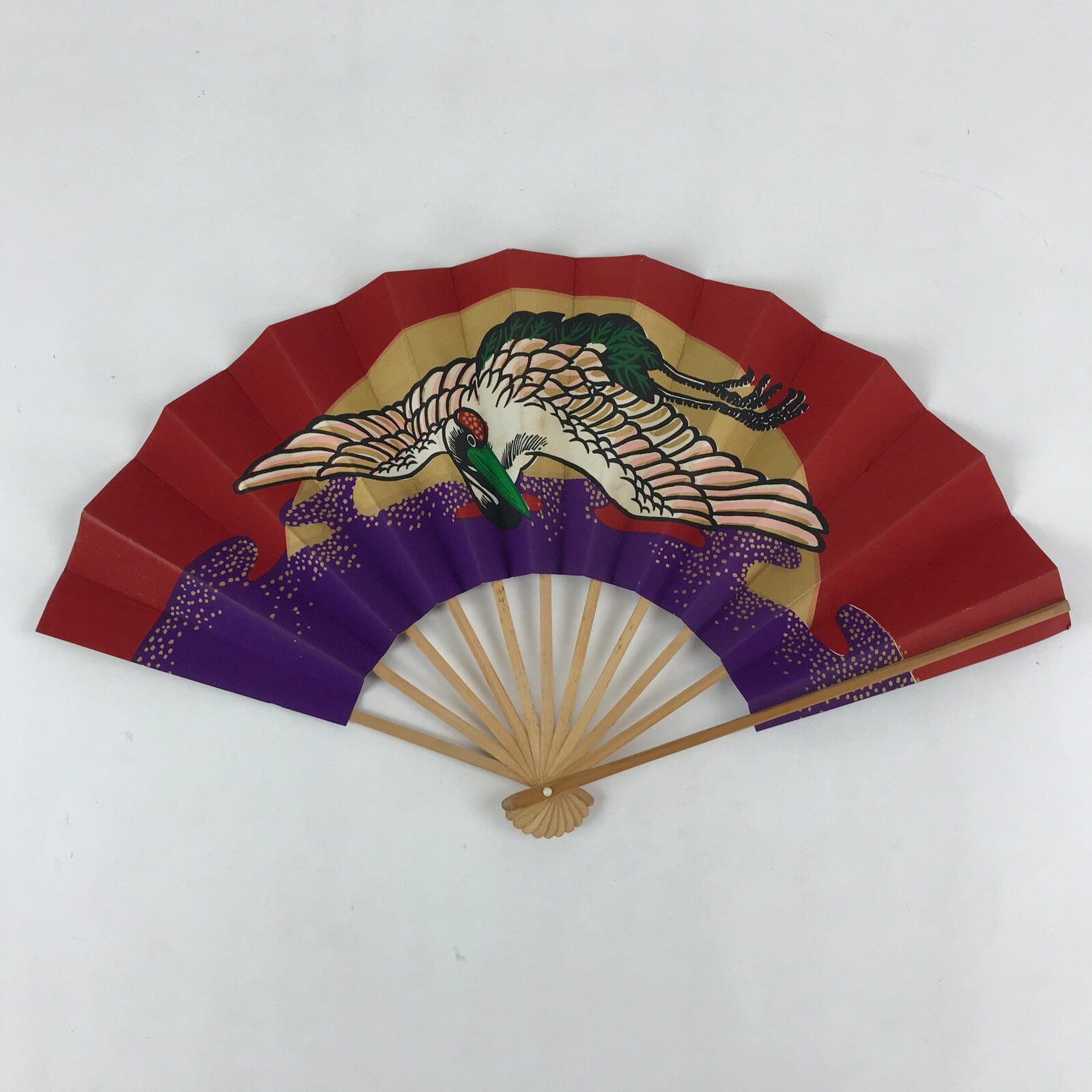 Japanese Crane Lucky Vtg Sensu Folding Fan Bamboo Frame Red Gold Purple 4D638