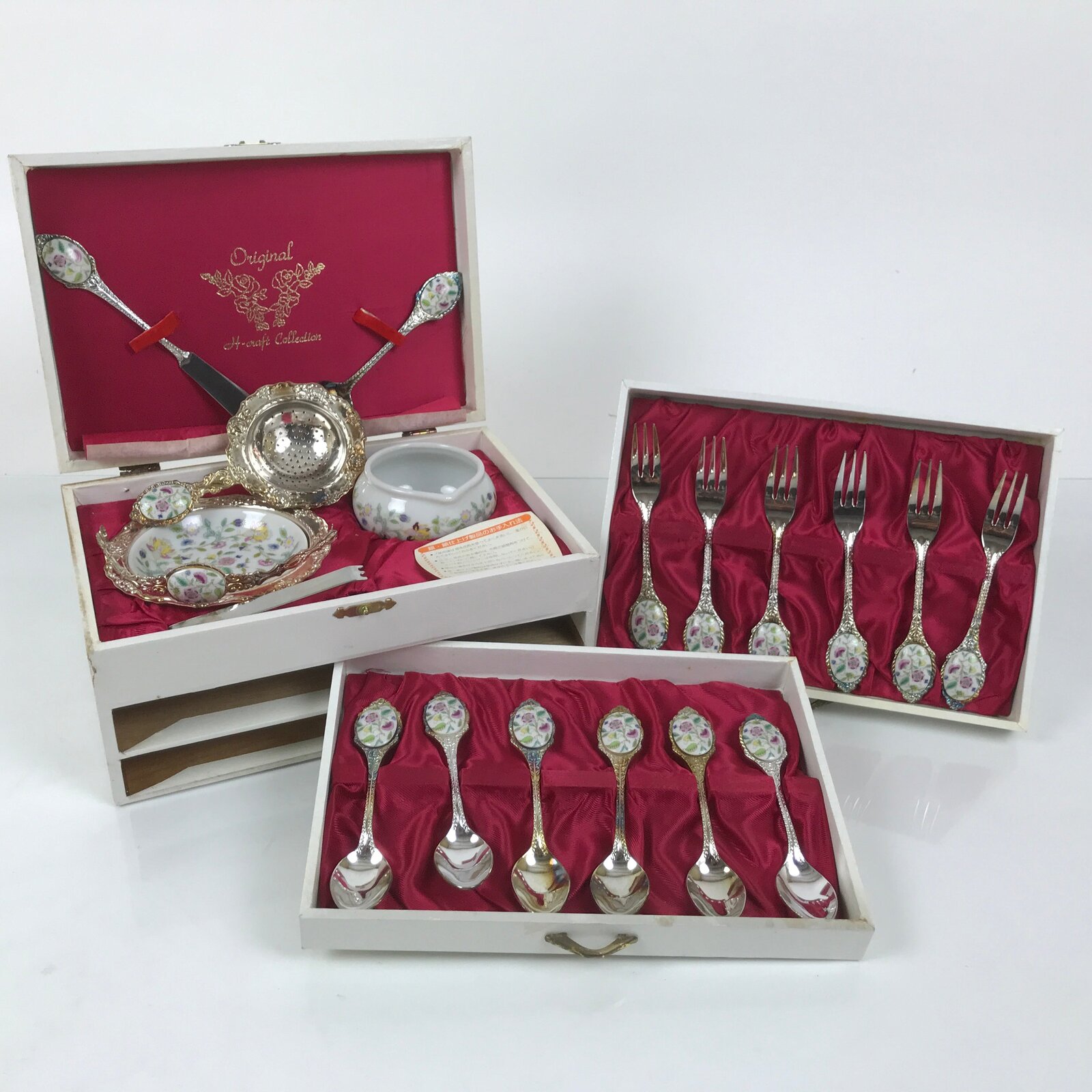 Japanese Cutlery Set Vtg Metal Spoons Forks Strainer Bowl Wood Box Floral JK926