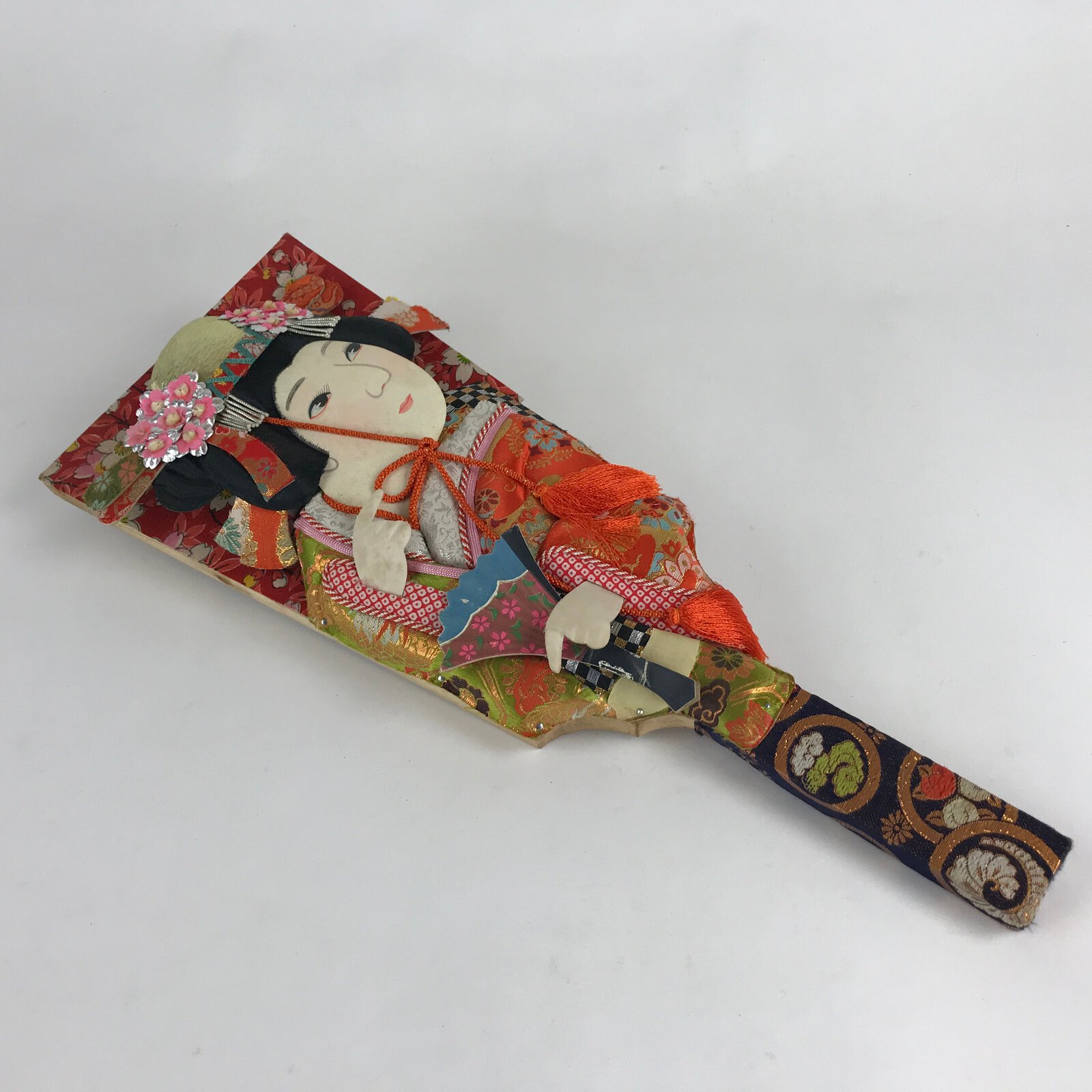 Japanese Decorative Wooden Paddle Hagoita Vtg Kimono Geisha New Years Play JK555