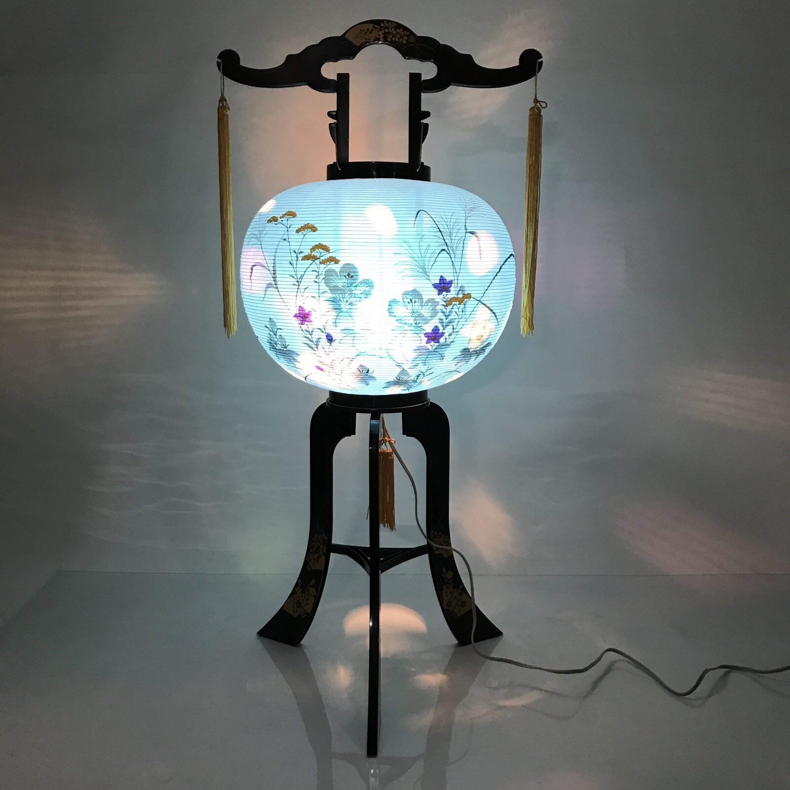 Japanese Electric Gifu Lantern 3 Legs Stand Vtg Obon Hibiscus Flowers Decor LT99