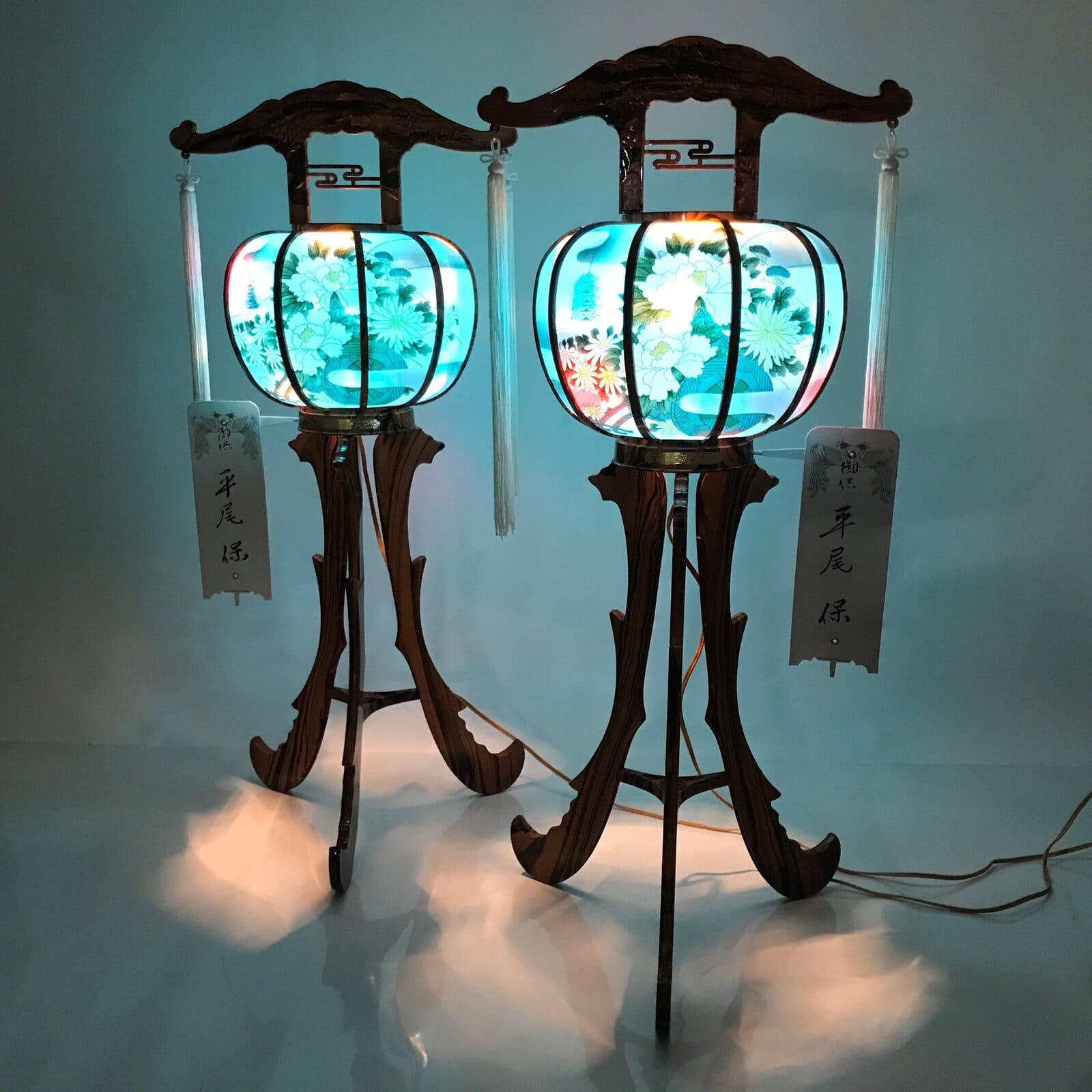 Japanese Electric Lantern Pair Vtg 3 Legs Standing Chochin Obon Festival LT82
