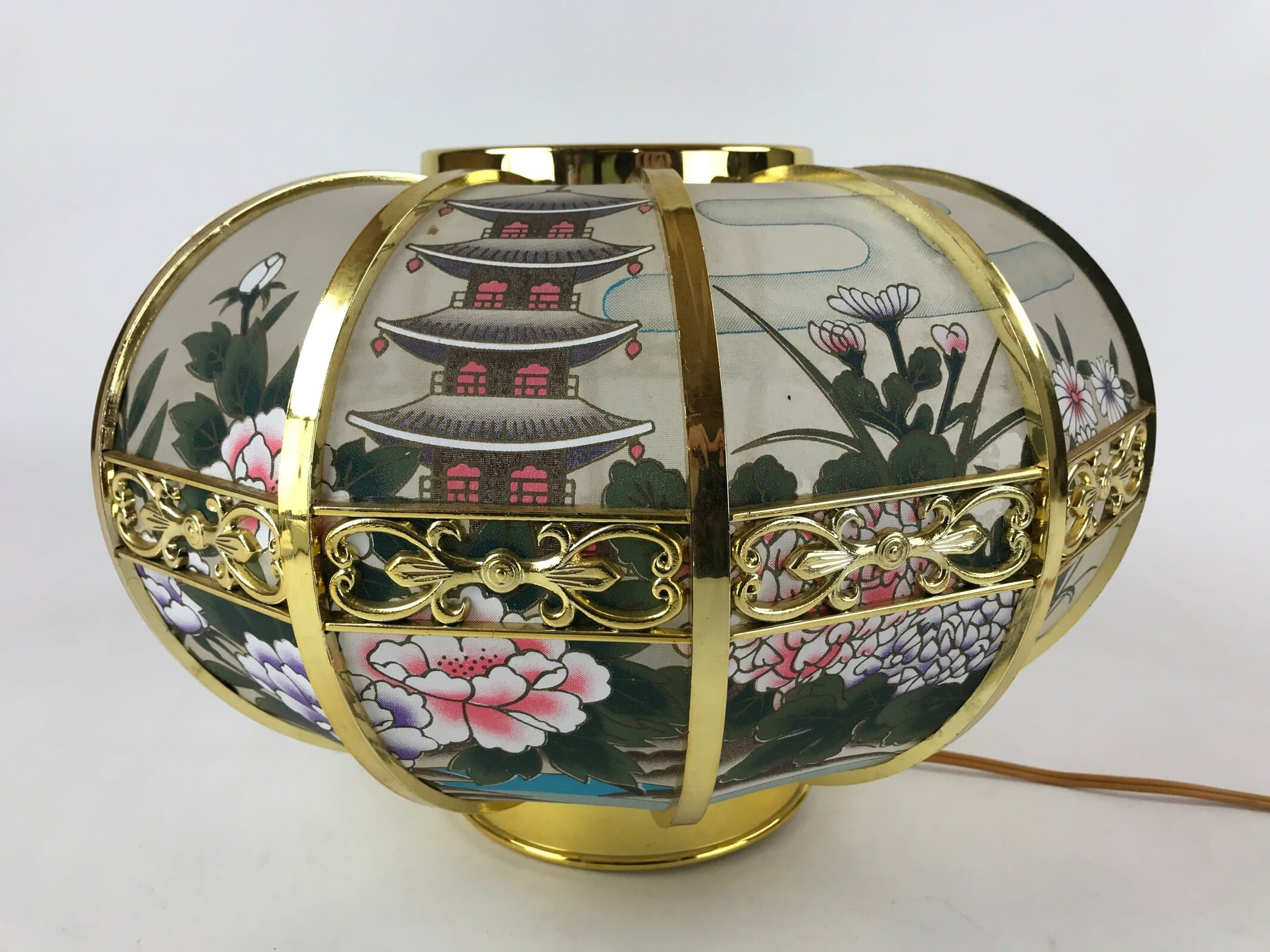 Japanese Electric Lantern Round Lamp Vtg Peony Temple Light Shade Obon LT67