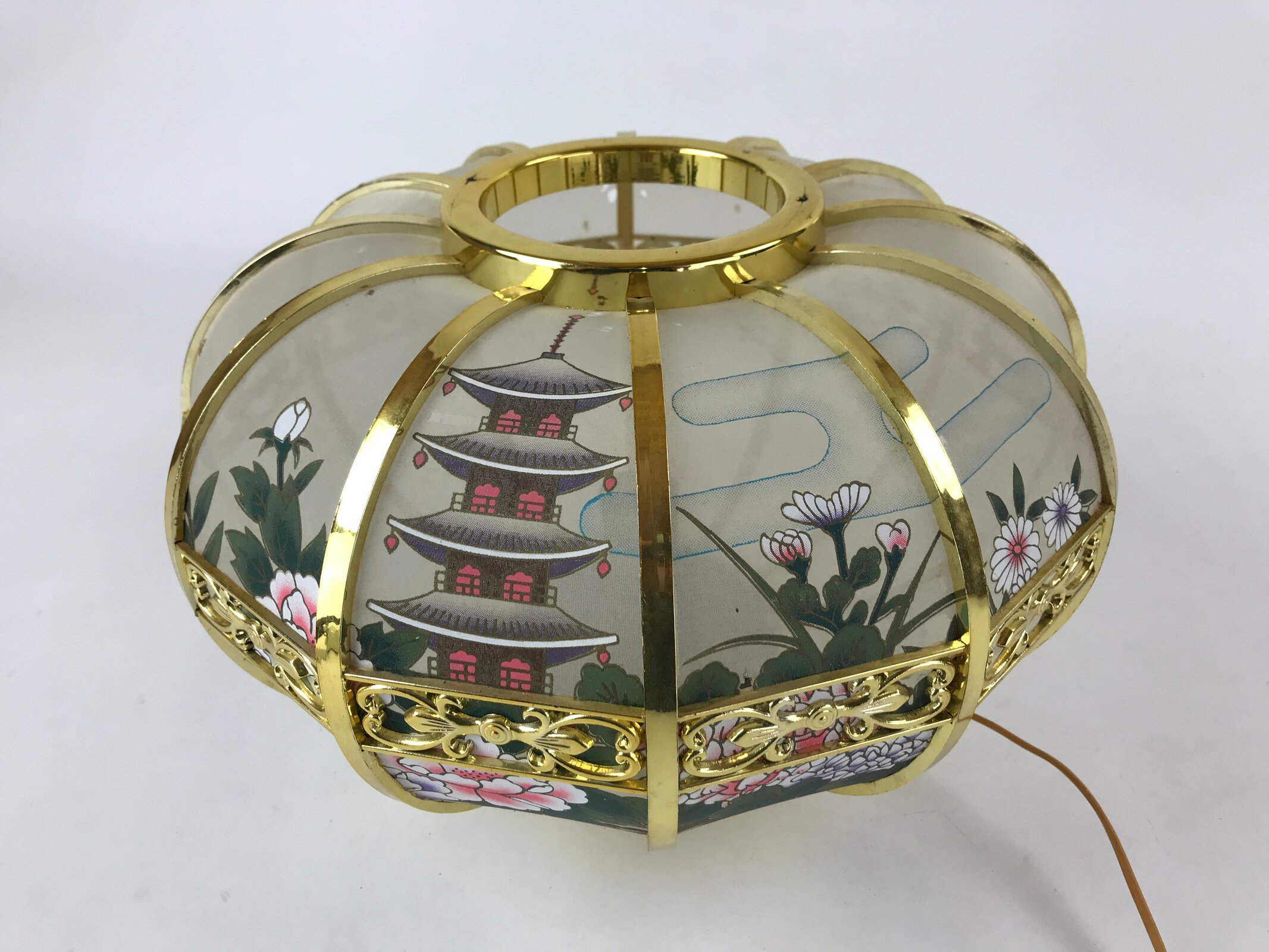 Japanese Electric Lantern Round Lamp Vtg Peony Temple Light Shade Obon LT67