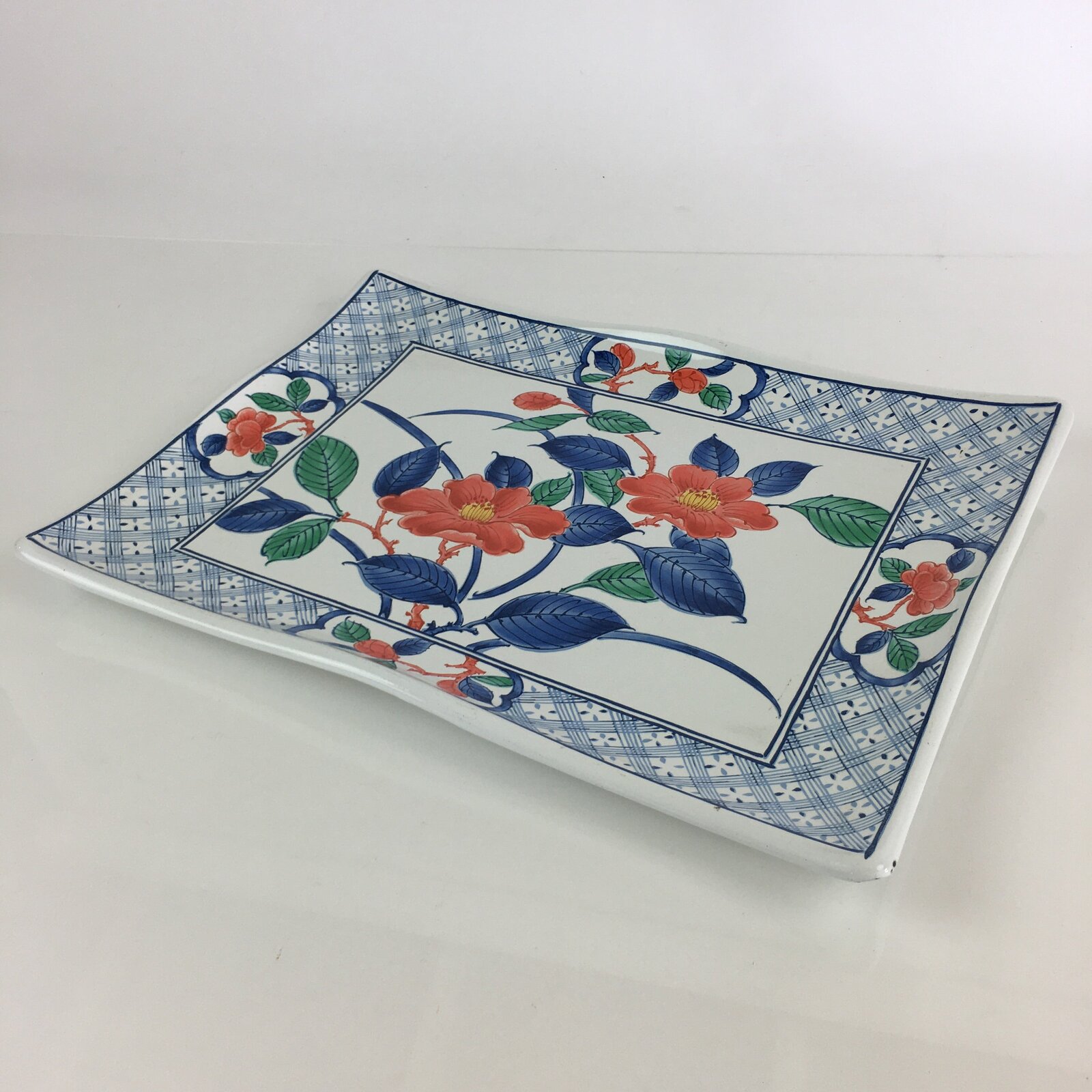 Japanese Enamelware Large Rectangle Plate Vtg Camellia White Horo PY134