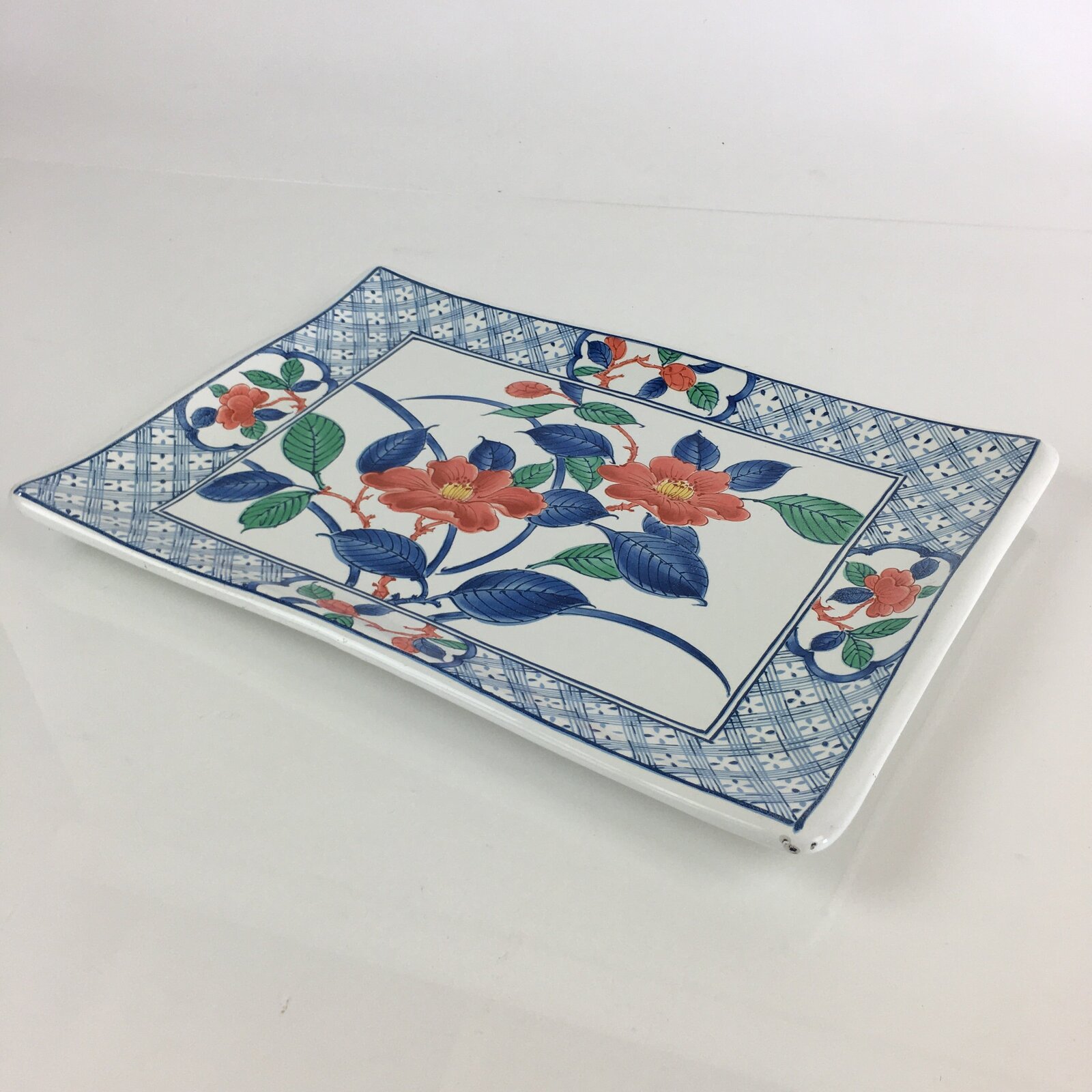 Japanese Enamelware Large Rectangle Plate Vtg Camellia White Horo PY135