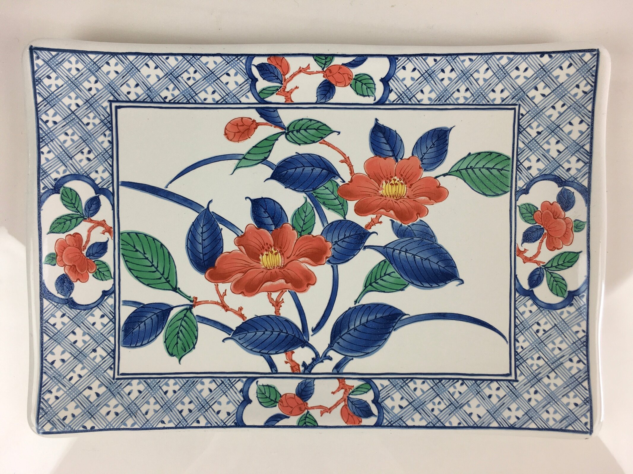 Japanese Enamelware Large Rectangle Plate Vtg Camellia White Horo PY135