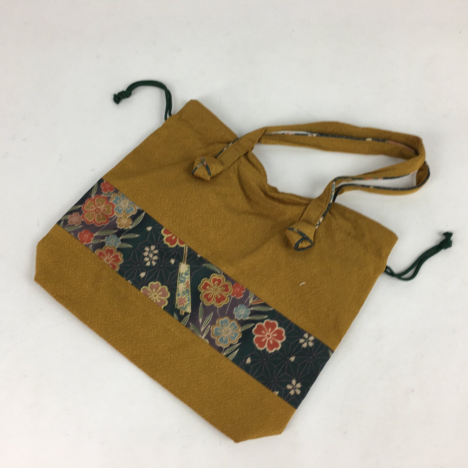 Japanese Fabric Bag Vtg Handle Yellow Flowers Kimono Kinchaku KB54