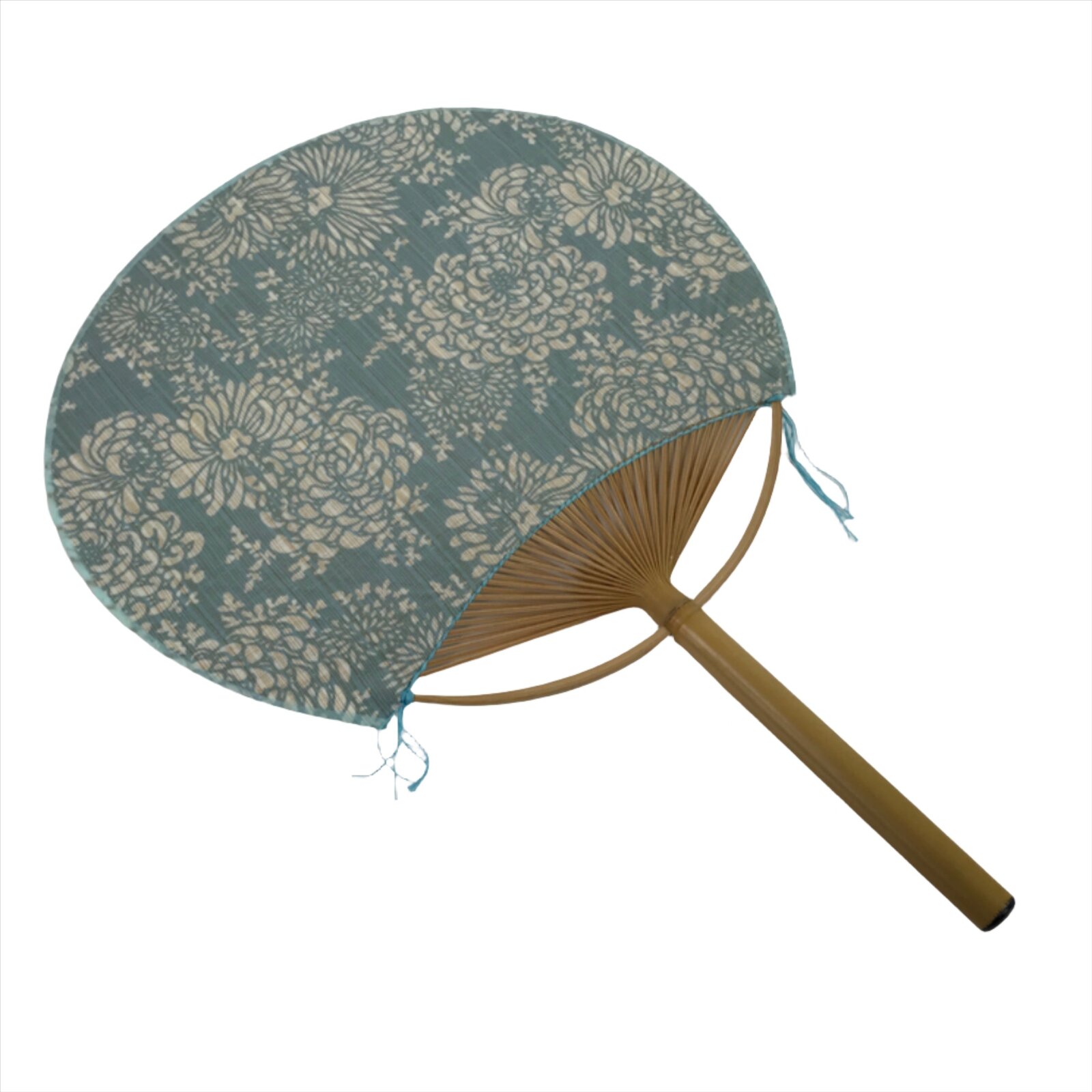 Japanese Fabric Fan Uchiwa Vtg Bamboo Round Paper Back Blue Chrysanthemums U135