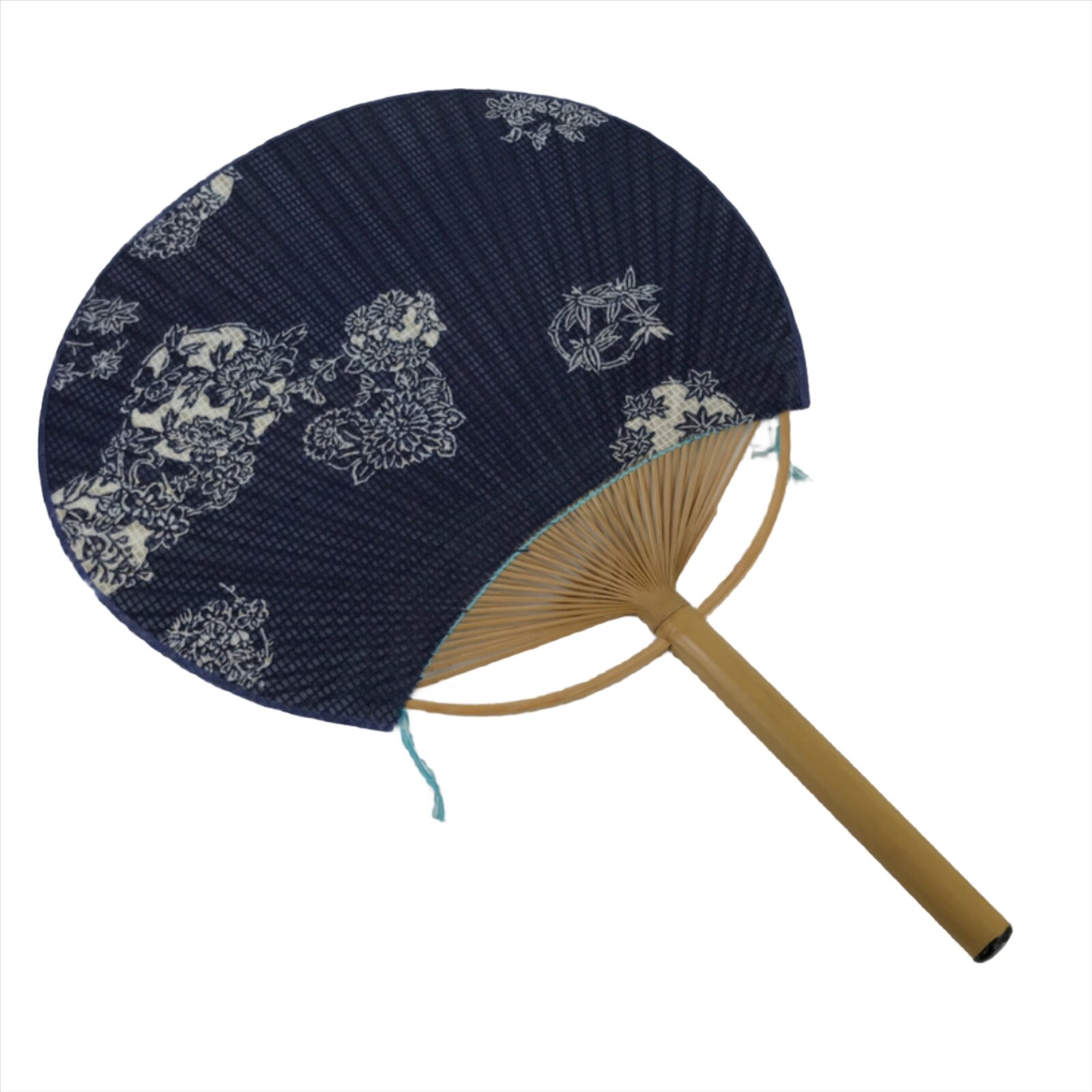 Japanese Fabric Fan Uchiwa Vtg Bamboo Round Paper Back Seasonal Flower Blue U136