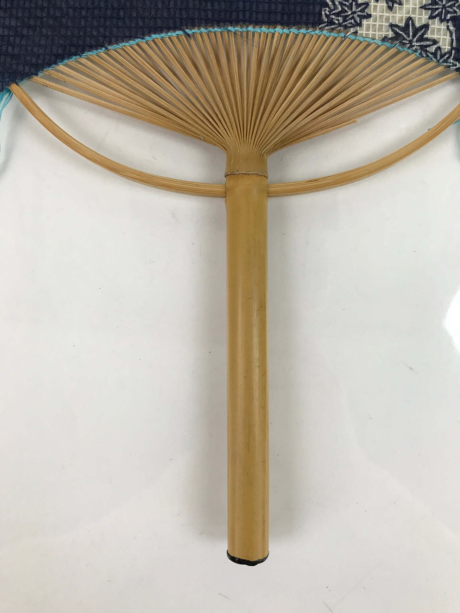 Japanese Fabric Fan Uchiwa Vtg Bamboo Round Paper Back Seasonal Flower Blue U136