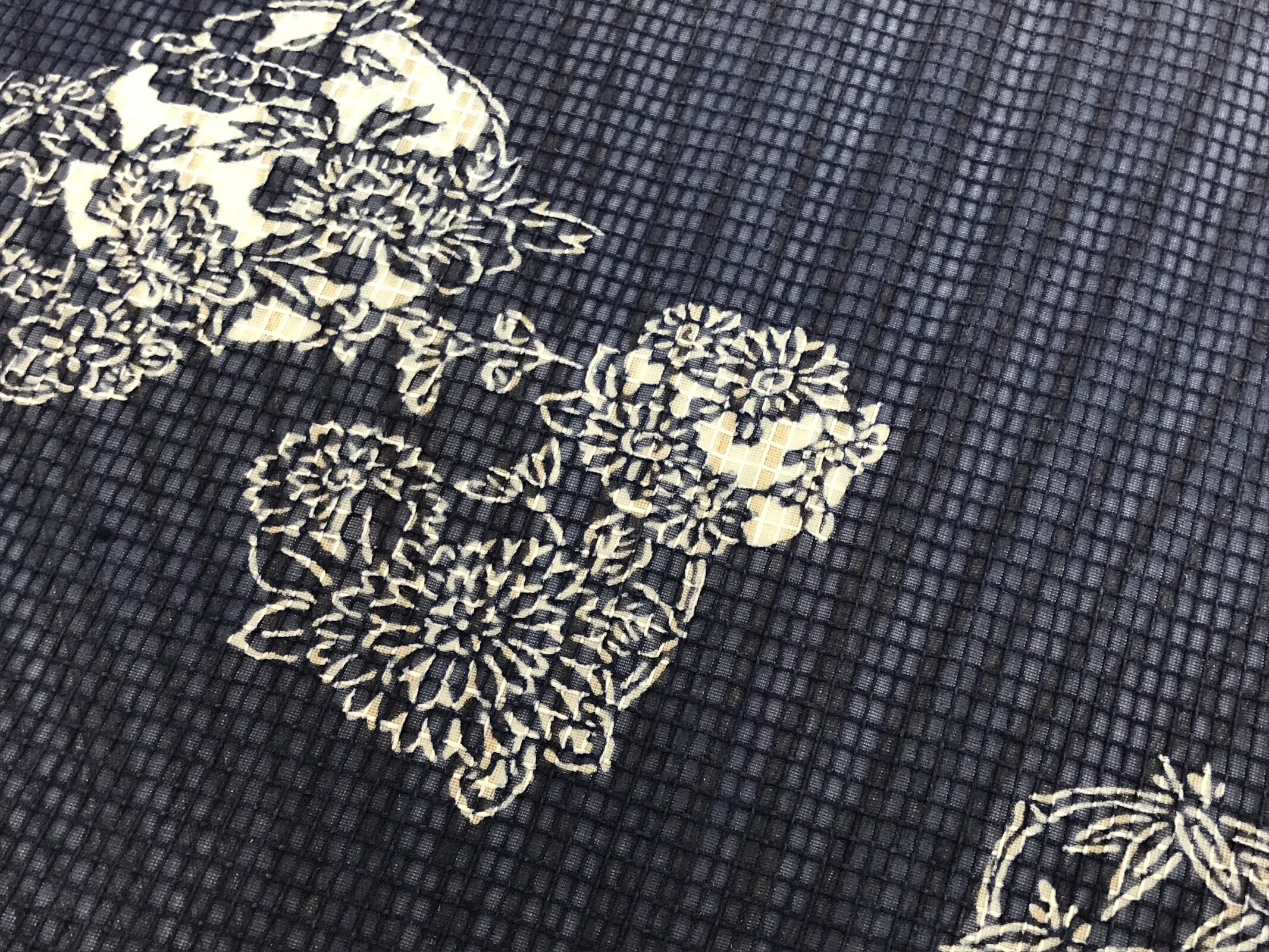 Japanese Fabric Fan Uchiwa Vtg Bamboo Round Paper Back Seasonal Flower Blue U136