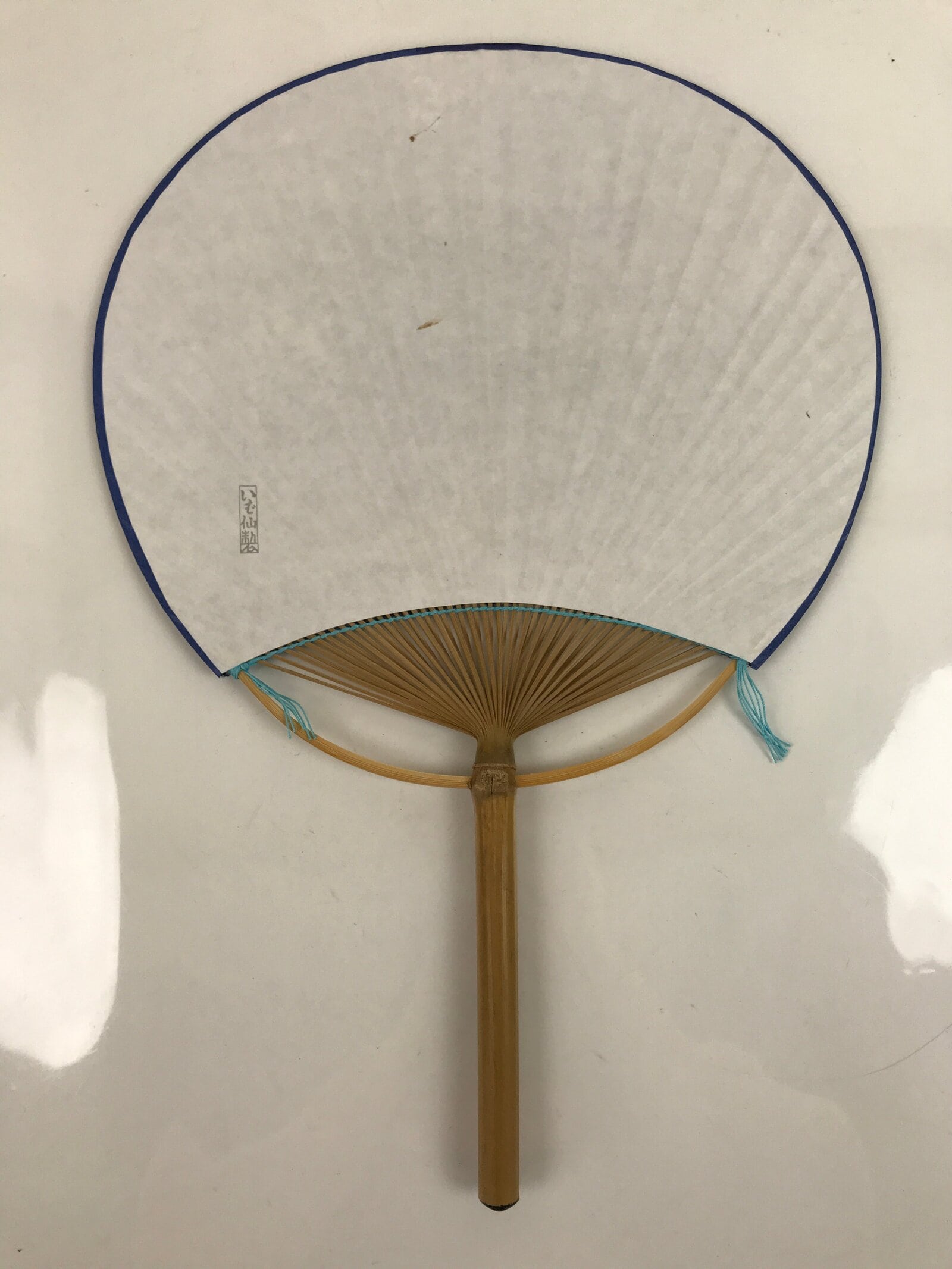 Japanese Fabric Fan Uchiwa Vtg Bamboo Round Paper Back Seasonal Flower Blue U138