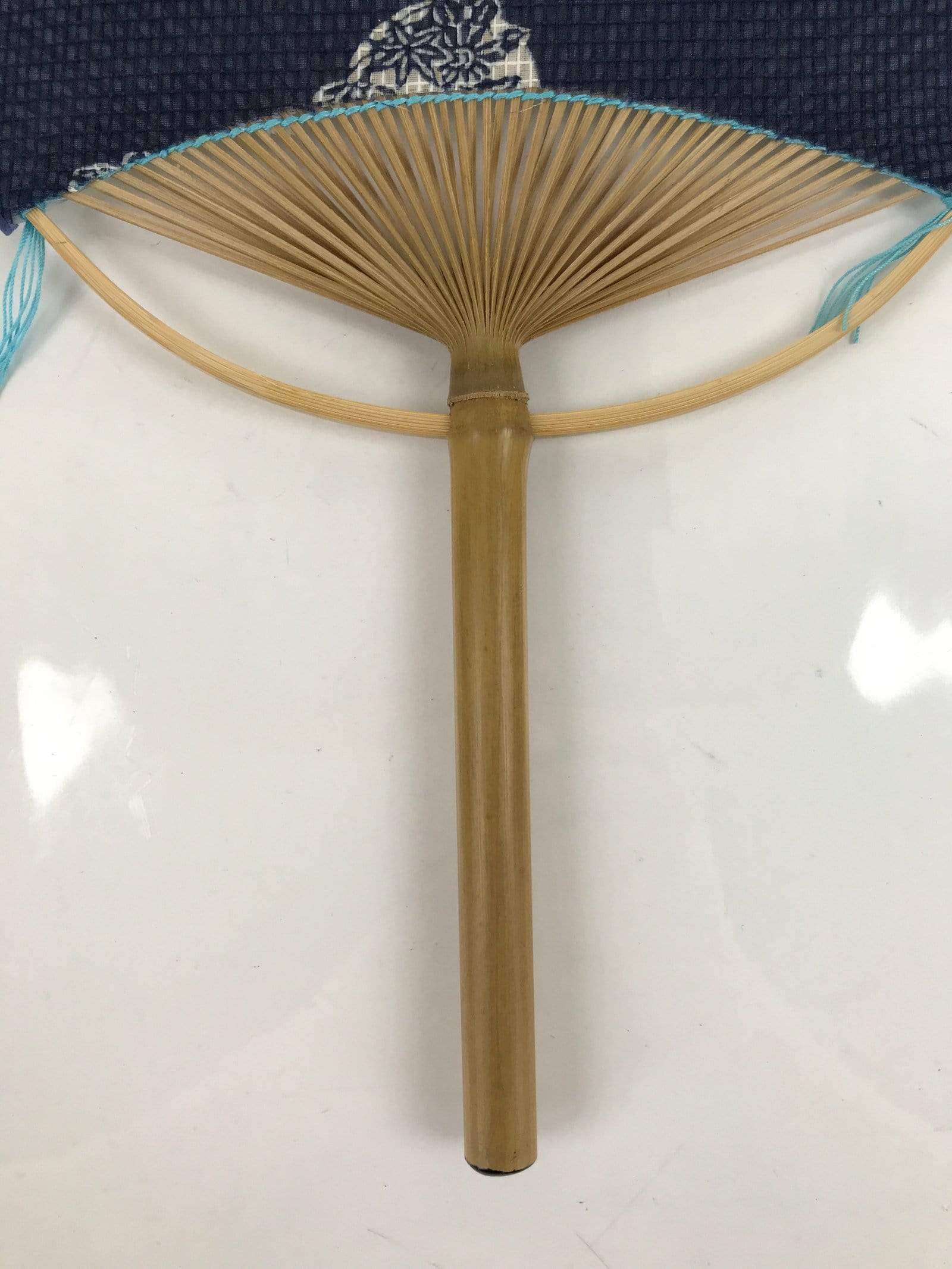 Japanese Fabric Fan Uchiwa Vtg Bamboo Round Paper Back Seasonal Flower Blue U138