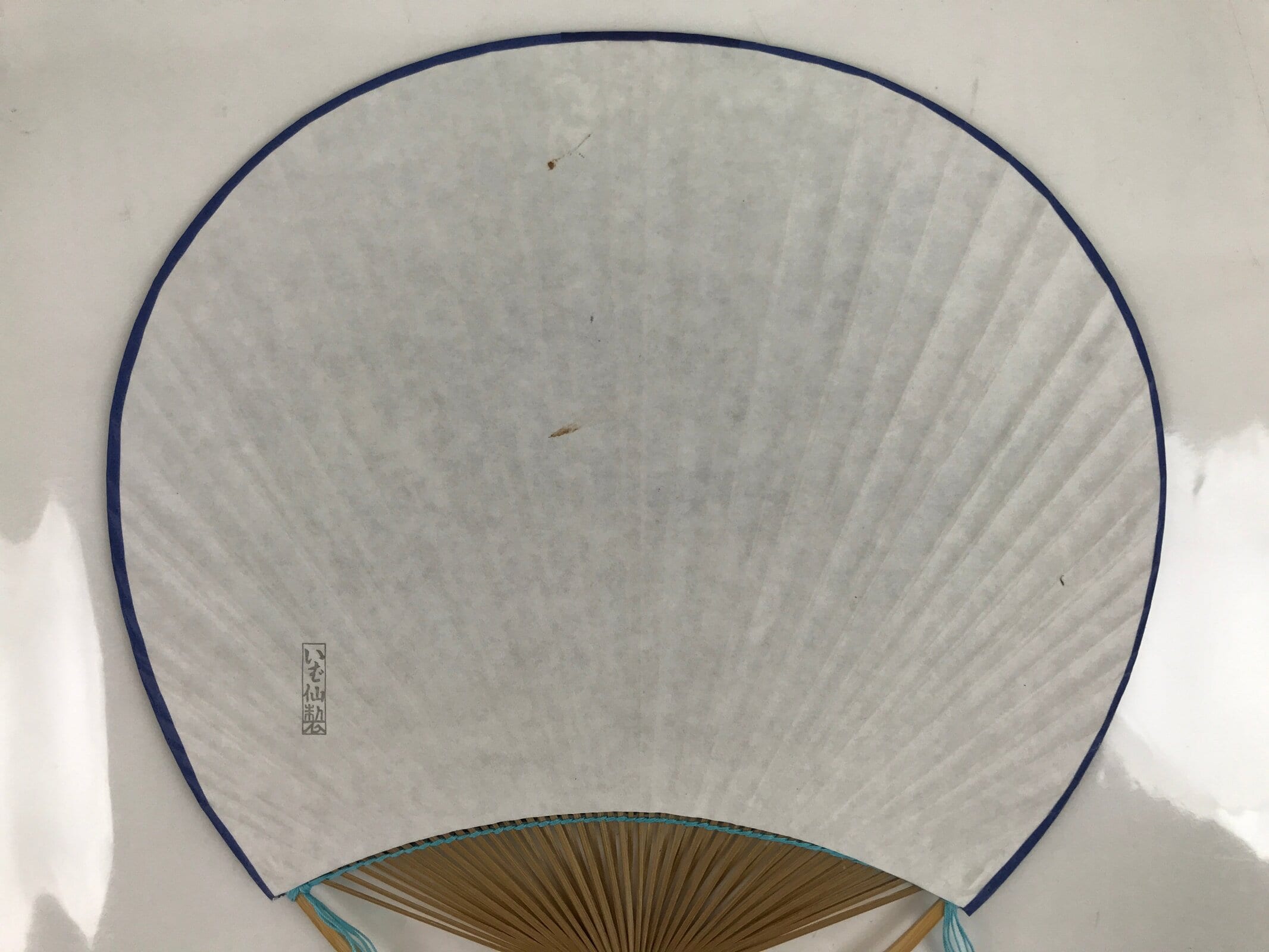 Japanese Fabric Fan Uchiwa Vtg Bamboo Round Paper Back Seasonal Flower Blue U138