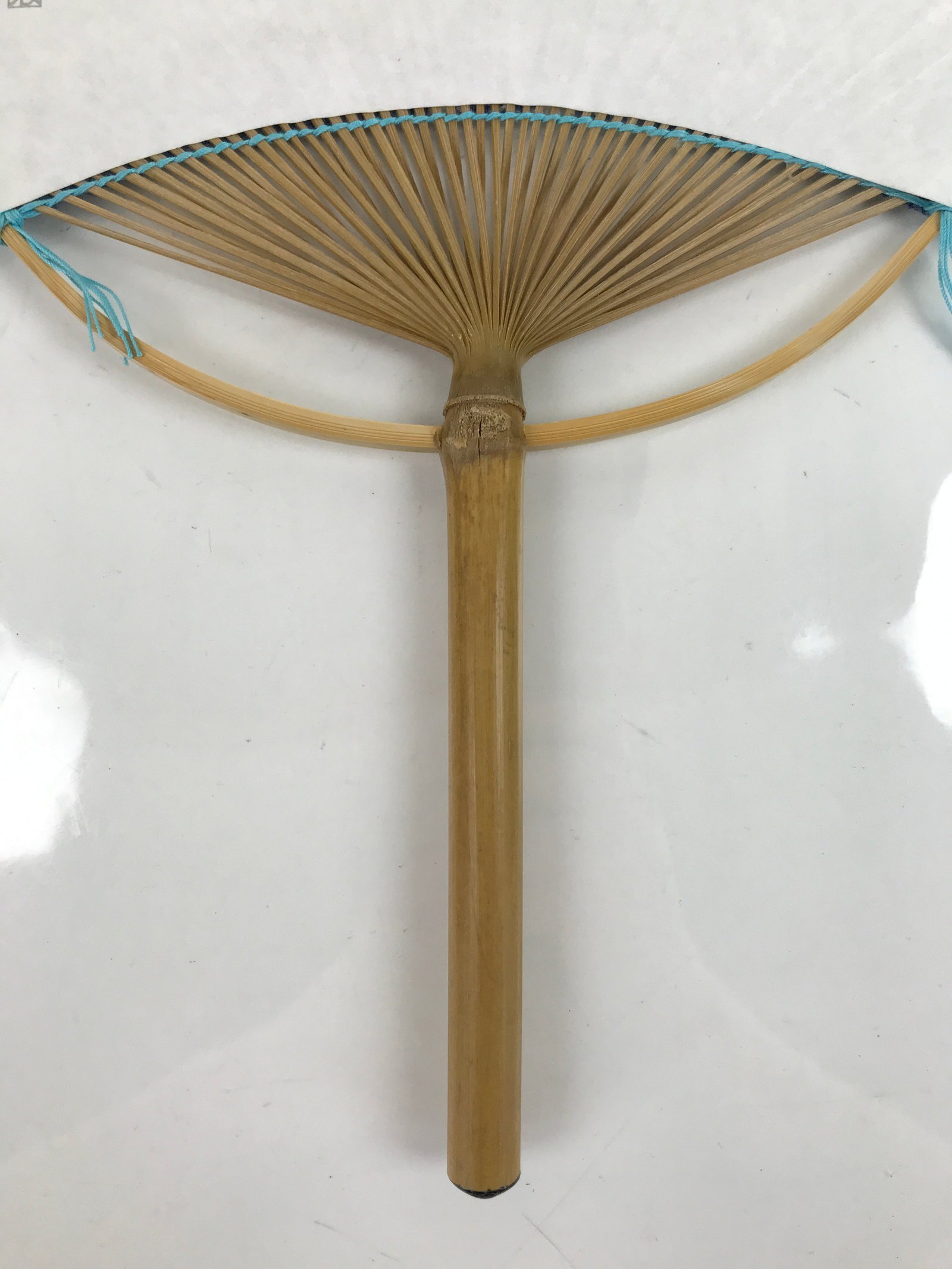 Japanese Fabric Fan Uchiwa Vtg Bamboo Round Paper Back Seasonal Flower Blue U138