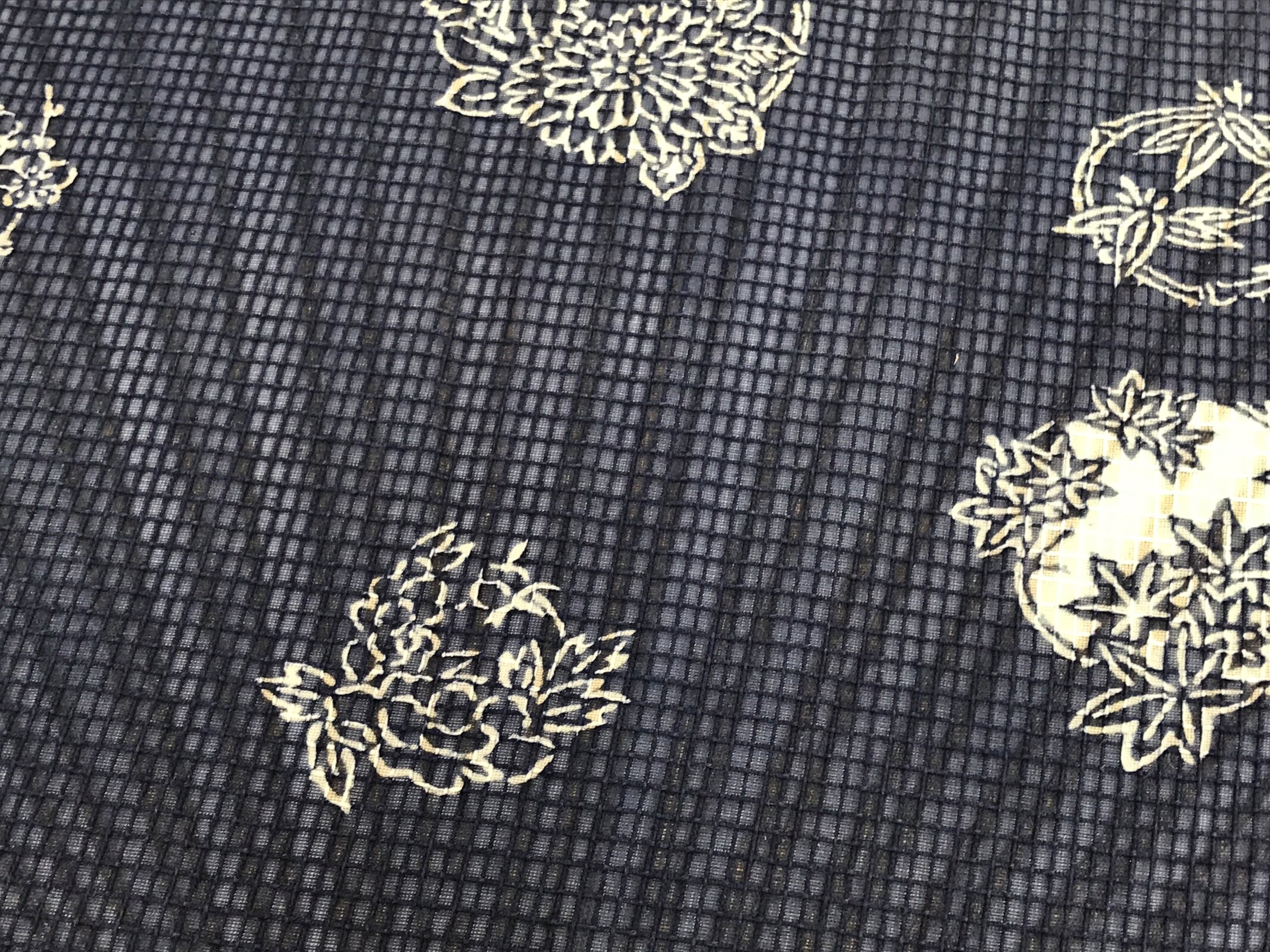 Japanese Fabric Fan Uchiwa Vtg Bamboo Round Paper Back Seasonal Flower Blue U138