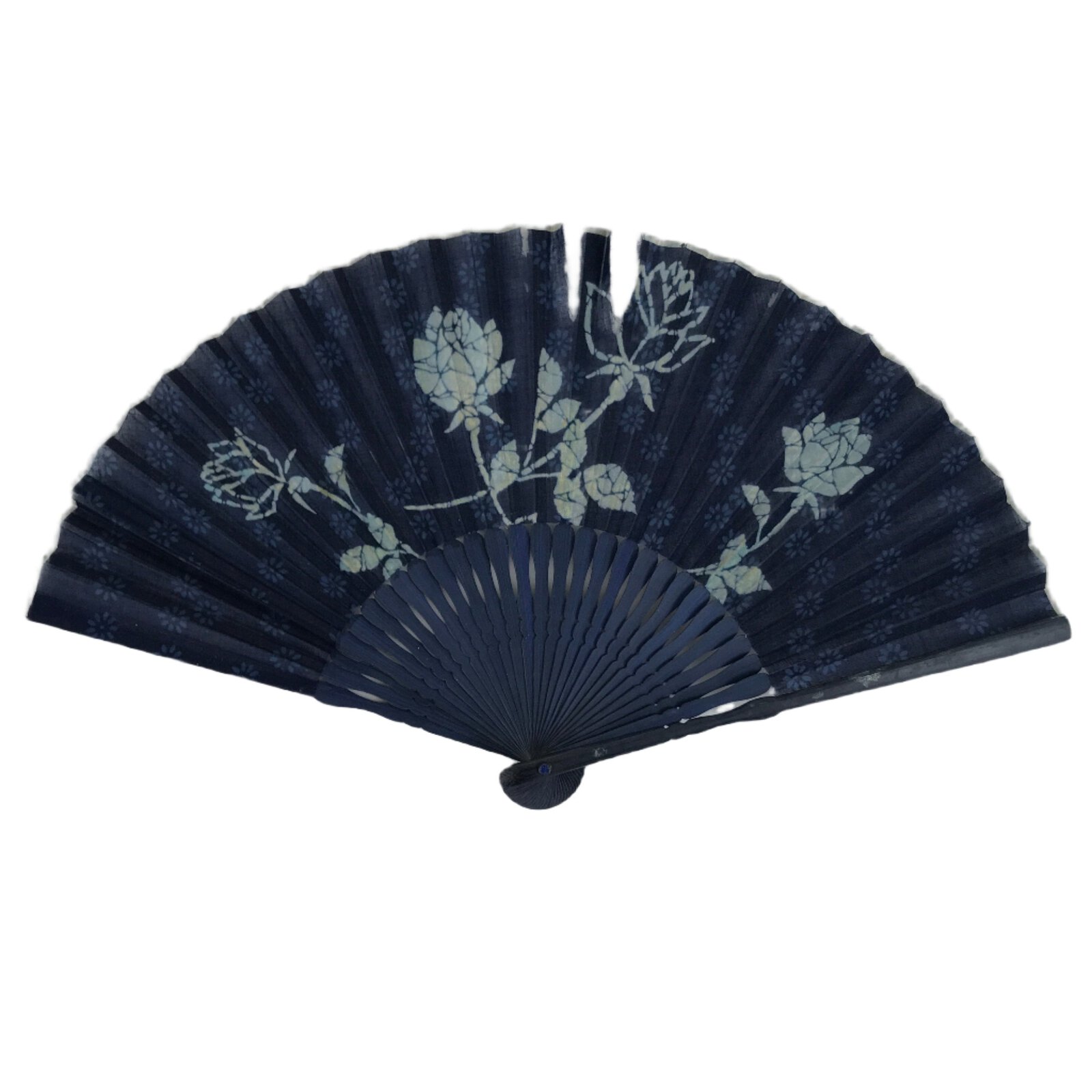Japanese Fabric Folding Fan Sensu Bamboo Frame Blue White Roses Flowers 4D813