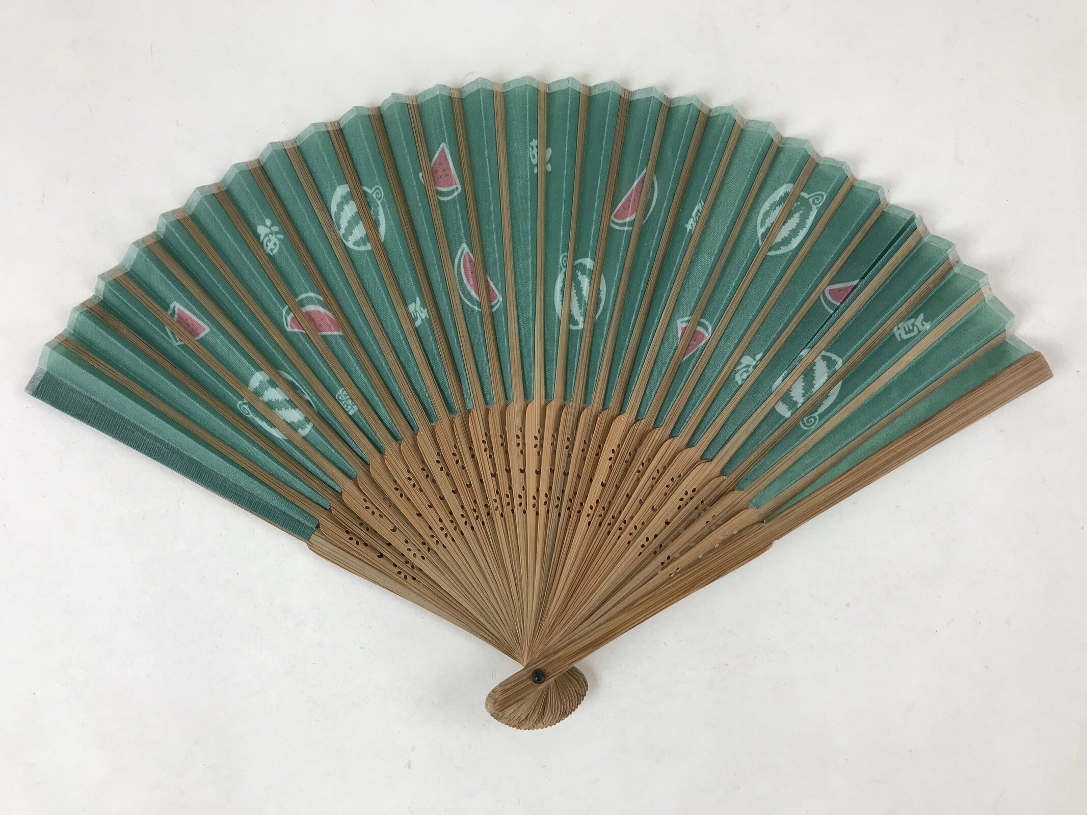 Japanese Fabric Folding Fan Sensu Bamboo Frame Watermelon Suika Green 4D766
