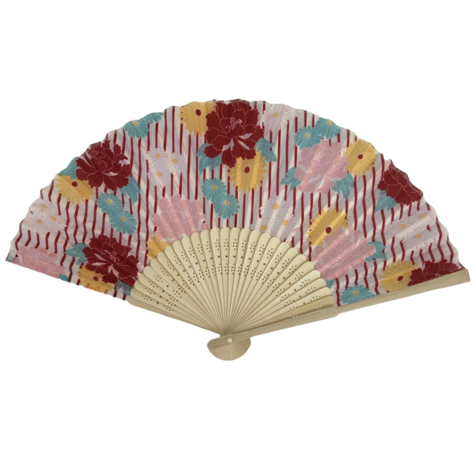 Japanese Fabric Folding Fan Sensu Natural Bamboo Frame Peony Botan Pink 4D851