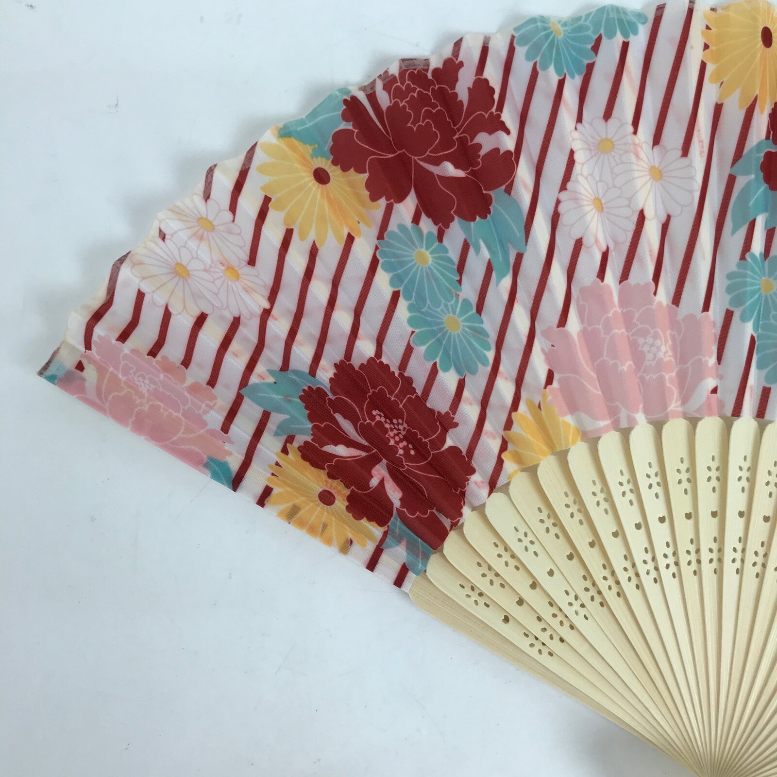Japanese Fabric Folding Fan Sensu Natural Bamboo Frame Peony Botan Pink 4D851