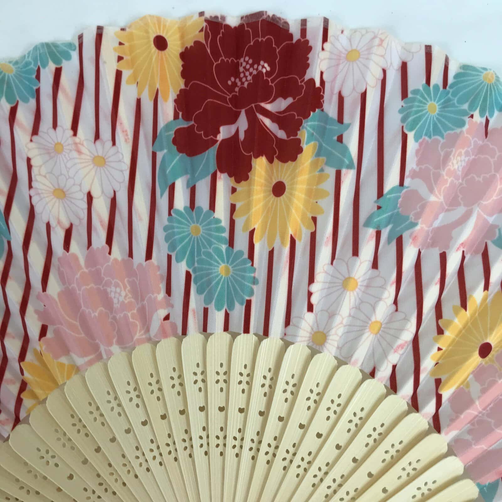 Japanese Fabric Folding Fan Sensu Natural Bamboo Frame Peony Botan Pink 4D851