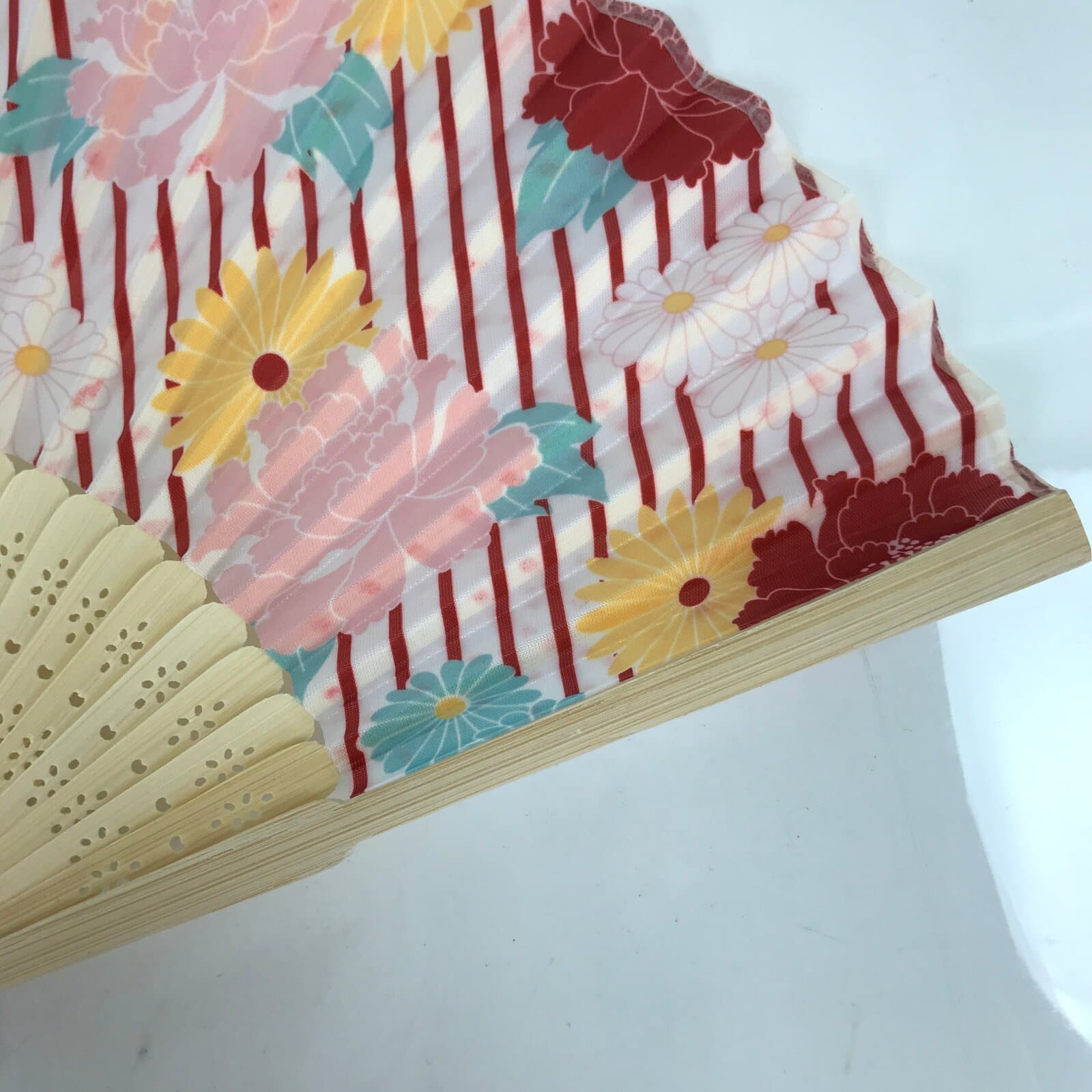 Japanese Fabric Folding Fan Sensu Natural Bamboo Frame Peony Botan Pink 4D851